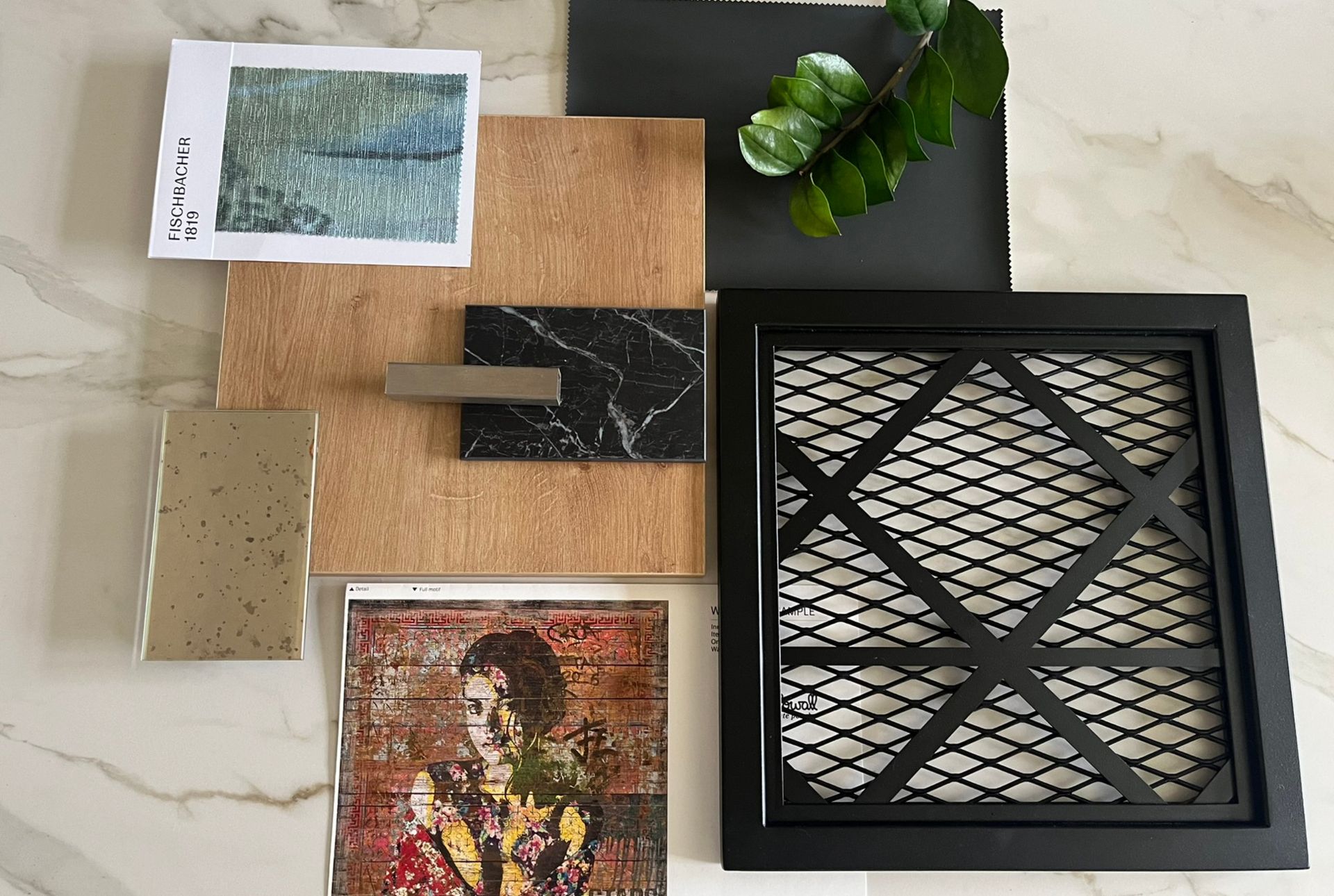 Moodboard mit Eichenholz, schwarzem Metall, Steinoberflächen schwarz marmoriert, Designtapete und Muster der maßgefertigten Raumteiler aus Metall für das Gastrodesign von Gasthaus K in Niederösterreich
