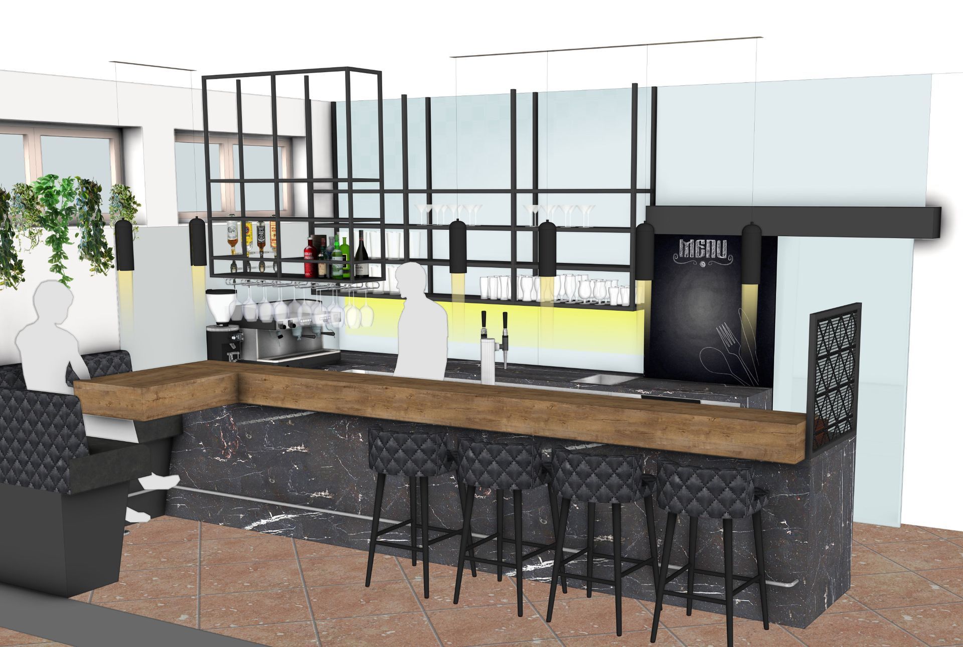 SketchUp-Visualisierung eines Bar-Interieurs im industrial Style mit schwarzen Barhockern, einer Marmortheke und einer Holzbarplatte für Gasthaus K im Bezirk Neunkirchen.