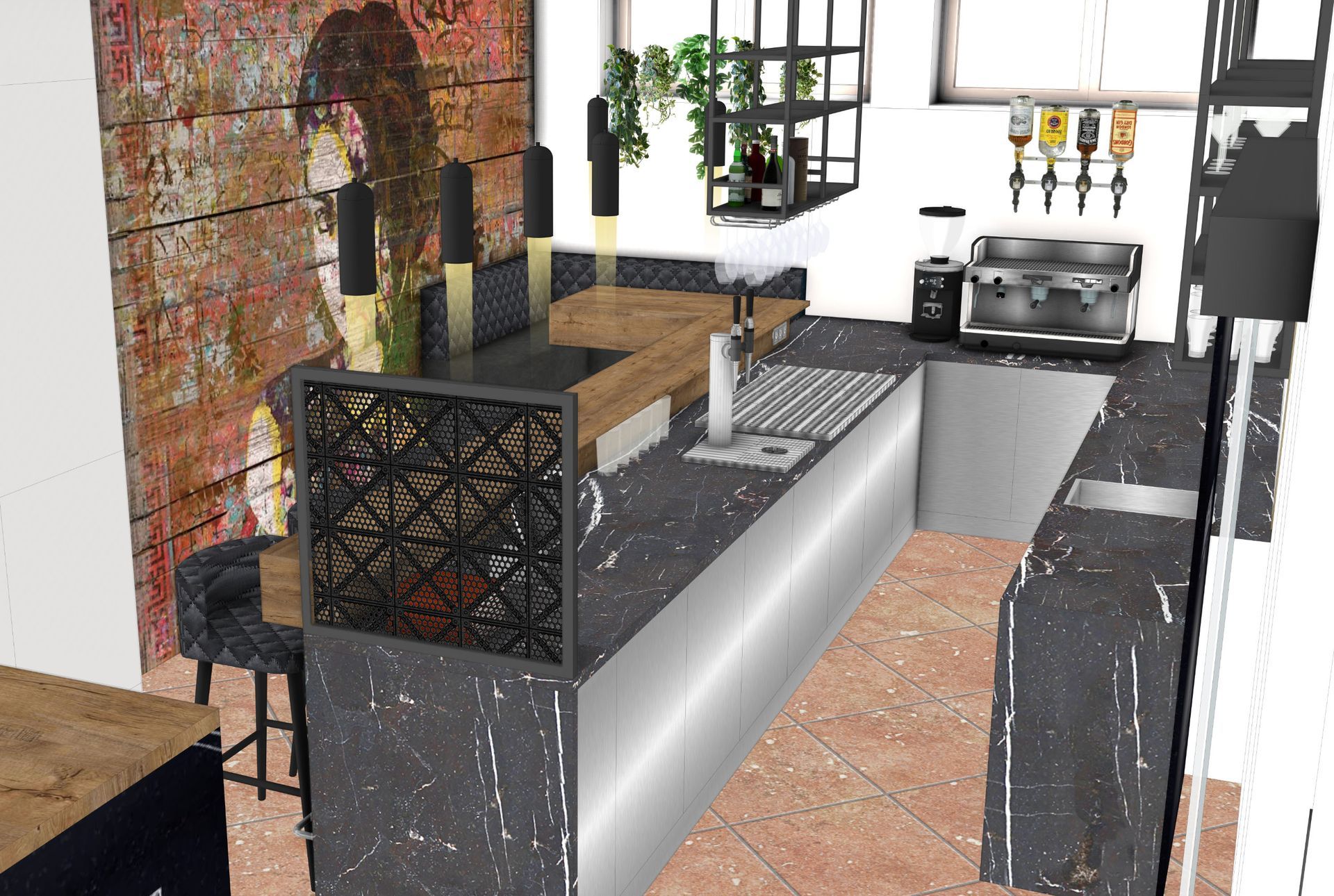 3D-Planung der Schank mit maßgefertigten Metall-Raumteilern und optimierter Wegeführung im Gasthaus K