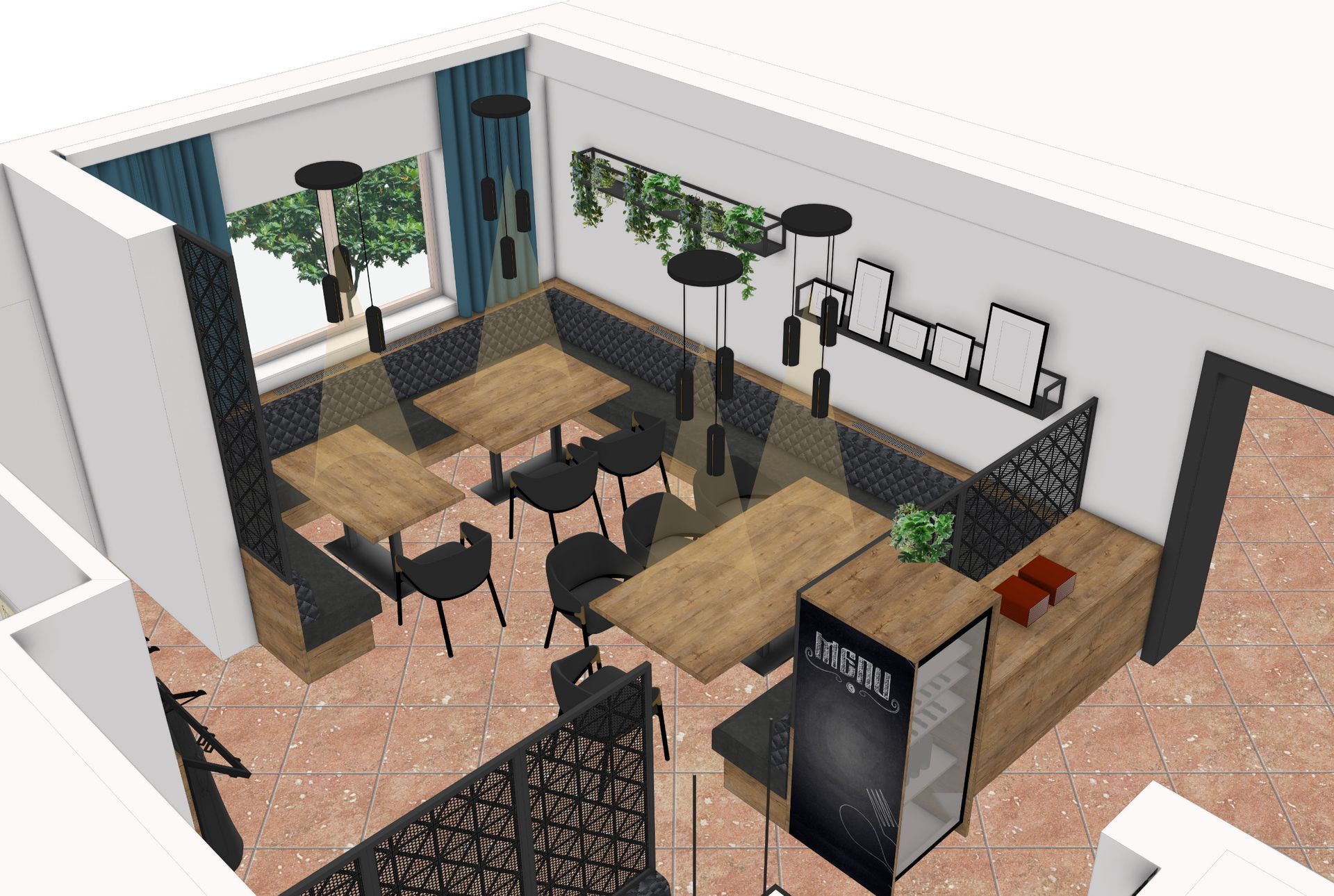 SketchUp-Gesamtansicht des neugestalteten Gastraums mit Sitzbänken, Industrial Design und zusätzlicher Platzoptimierung
