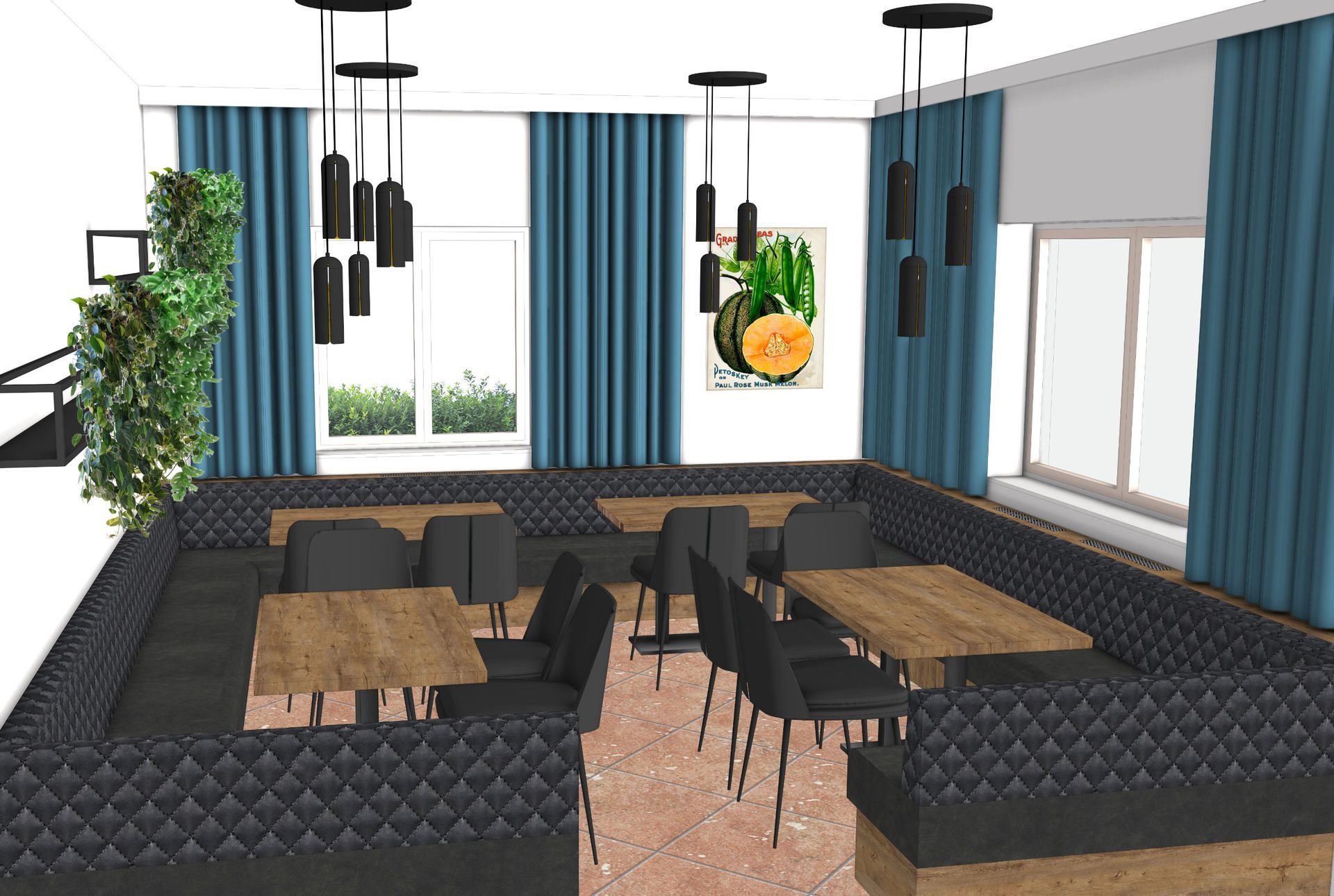 3D-Visualisierung des modernisierten Speiseraums mit gemütlicher Wirtshausatmosphäre und Industrial-Style-Elementen, Tische Holz, Bänke grau, Vorhänge Petrol, Lampen Schwarz Metall.