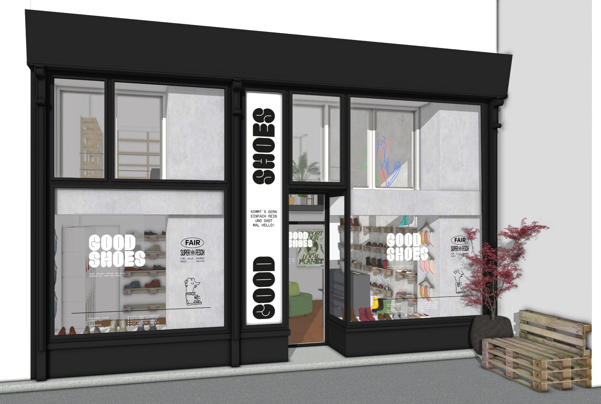 Shopdesign GOODSHOES Wien – 3D-Visualisierung der neu gestalteten Fassade und Schaufenster eines nachhaltigen Schuhgeschäfts