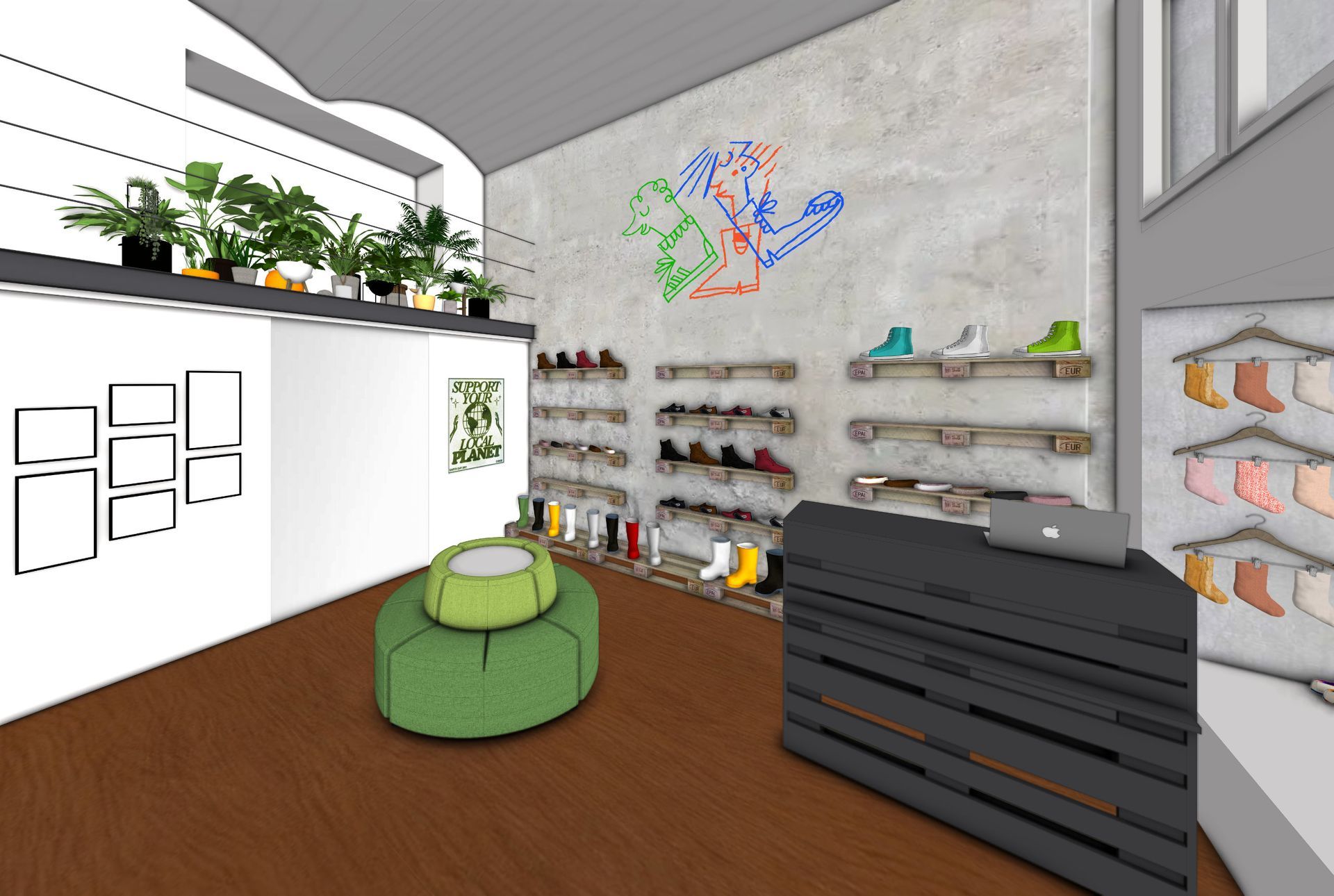 Shopdesign GOODSHOES Wien – 3D-Visualisierung des Verkaufsraums mit Pflanzengalerie, Palettenregalen und zentralem Sitzelement