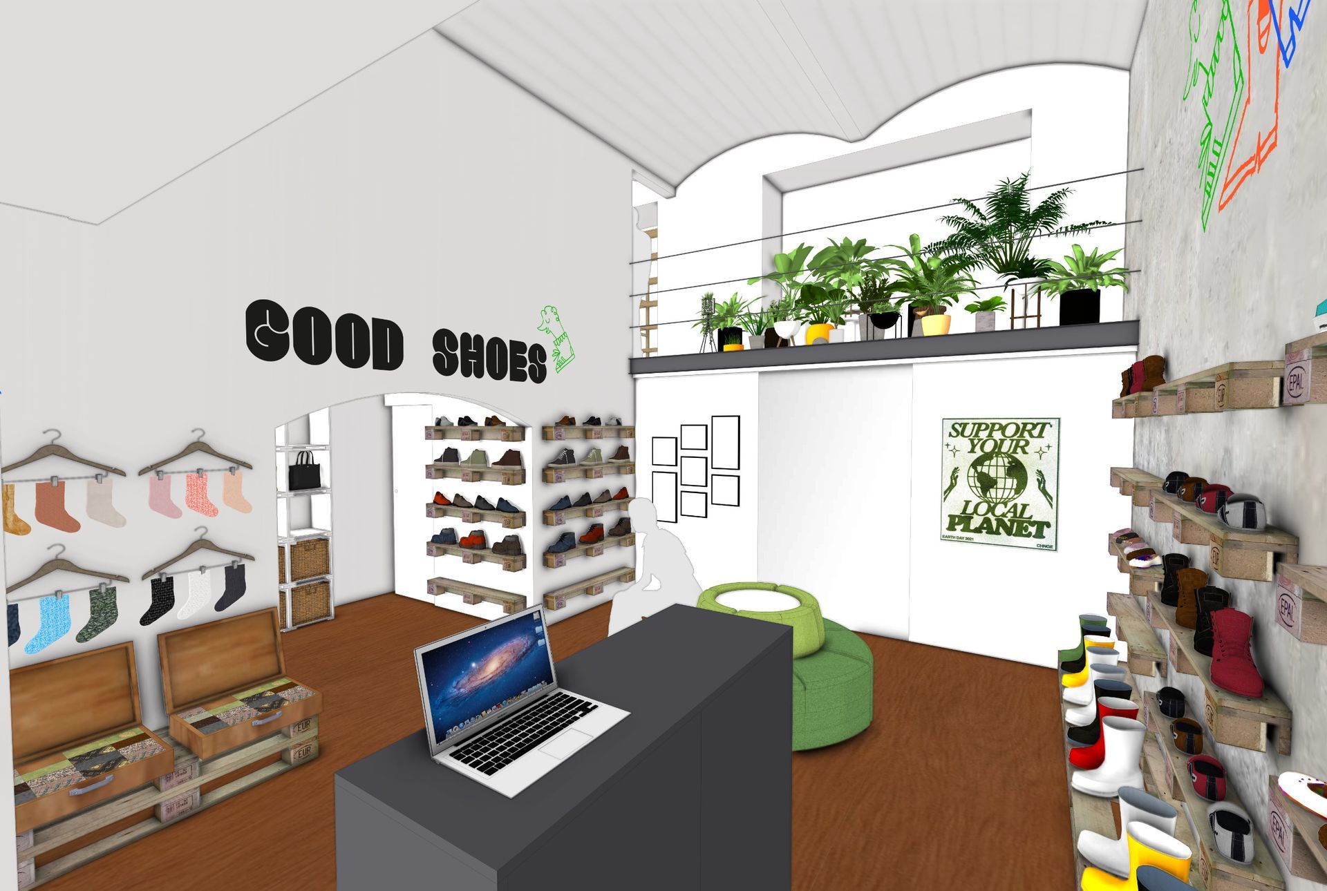 Ladenplanung GOODSHOES Wien – 3D-Visualisierung des Verkaufsraums mit Pflanzengalerie sowie abgetrenntem Office- und Lagerbereich