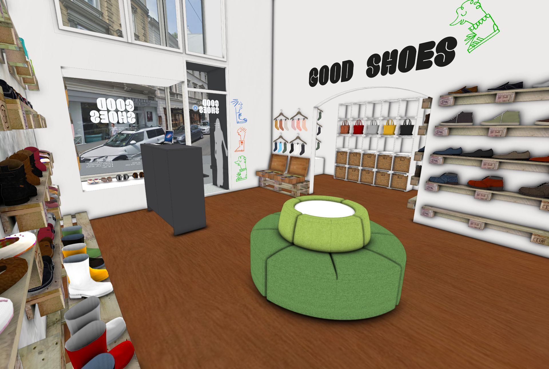 Retail Design GOODSHOES Wien – 3D-Visualisierung des urbanen Schuhgeschäfts mit Wandgrafik, Palettenregalen und zentralem Sitzelement