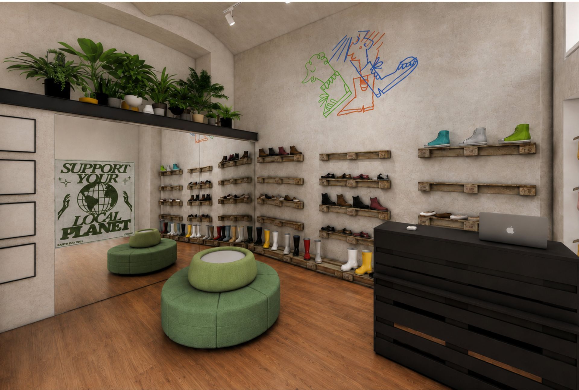 Shopdesign GOODSHOES Wien – Rendering des Verkaufsraums mit Pflanzengalerie, Palettenregalen und zentralem Sitzelement
