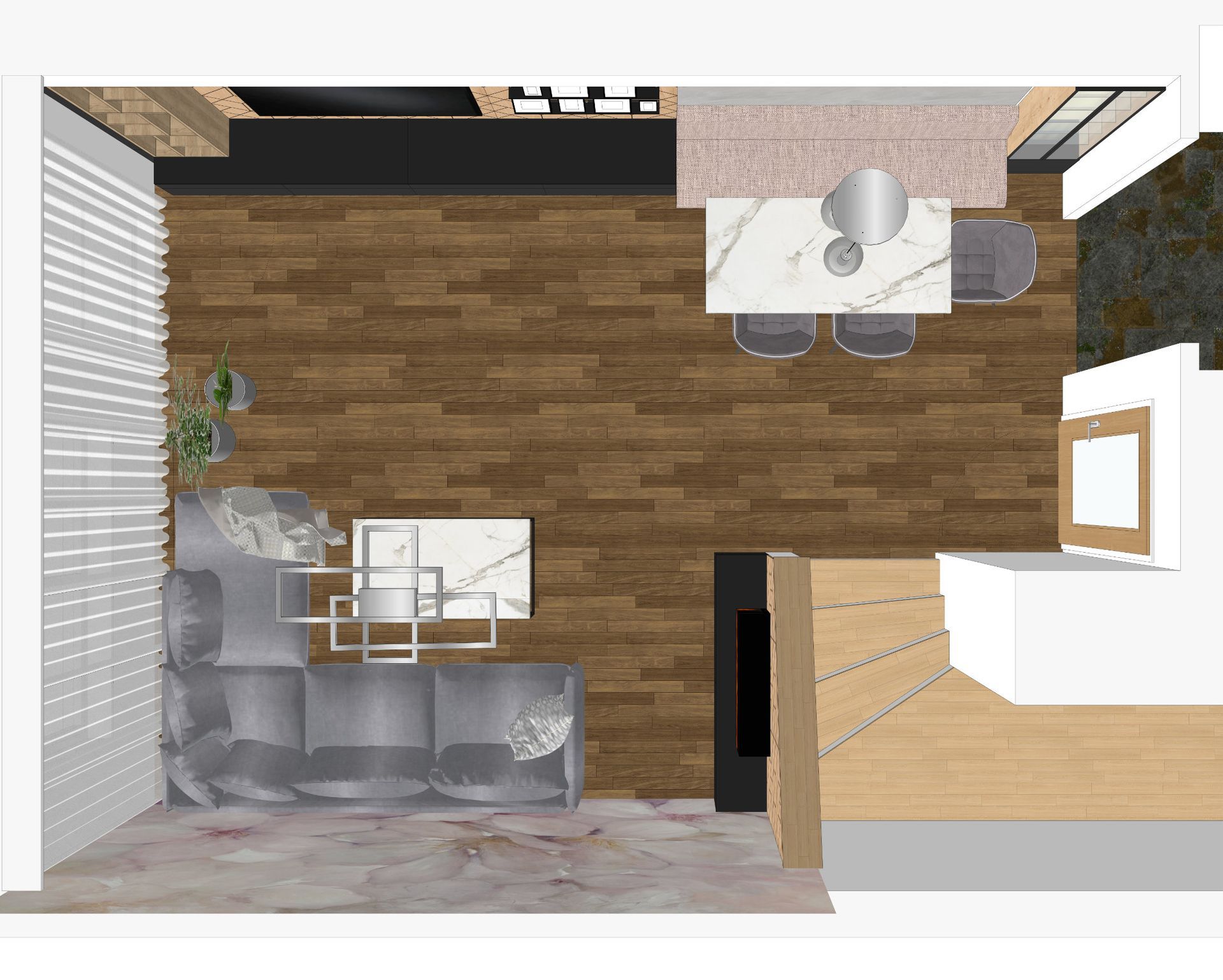 3D Grundriss-Visualisierung des Wohn- und Essbereichs mit neuer Raumaufteilung, TV-Wand und Maßmöbeln