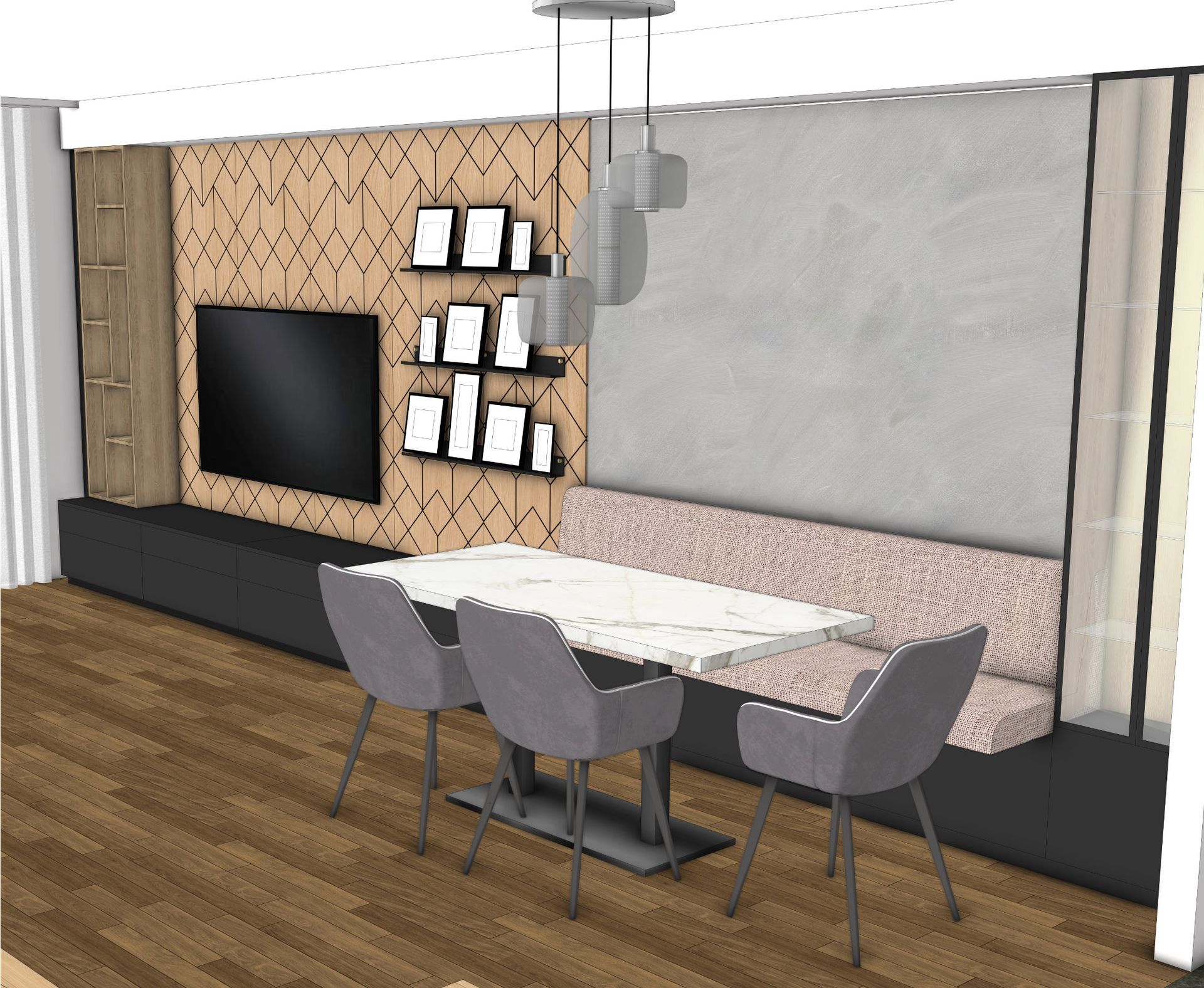 3D Visualisierung Essbereich mit Sitzbank, Esstisch, Design-Heizkamin und individueller Wandgestaltung im Wohnraum