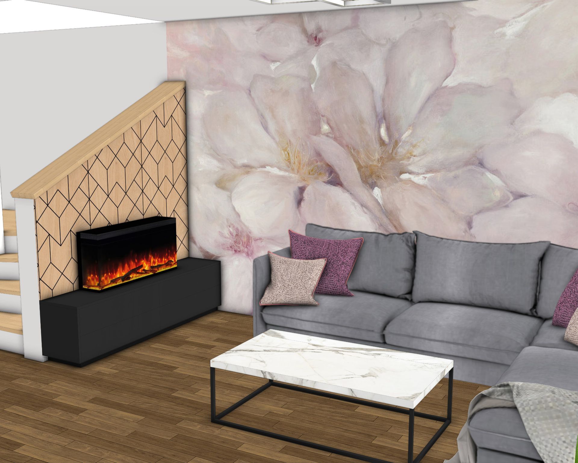 3D Visualisierung Wohnbereich mit floraler Designtapete, Ecksofa, Design-Heizkamin und harmonischem Farbkonzept