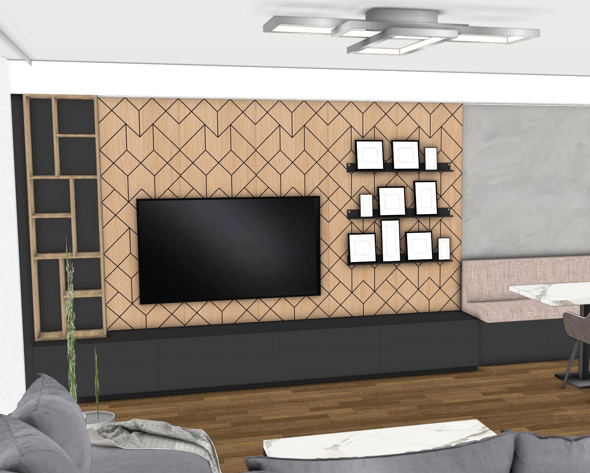 3D Visualisierung Wohnzimmer mit TV-Wand, geometrischer Holzverkleidung, Design-Heizkamin und maßgefertigtem Stauraumkonzept