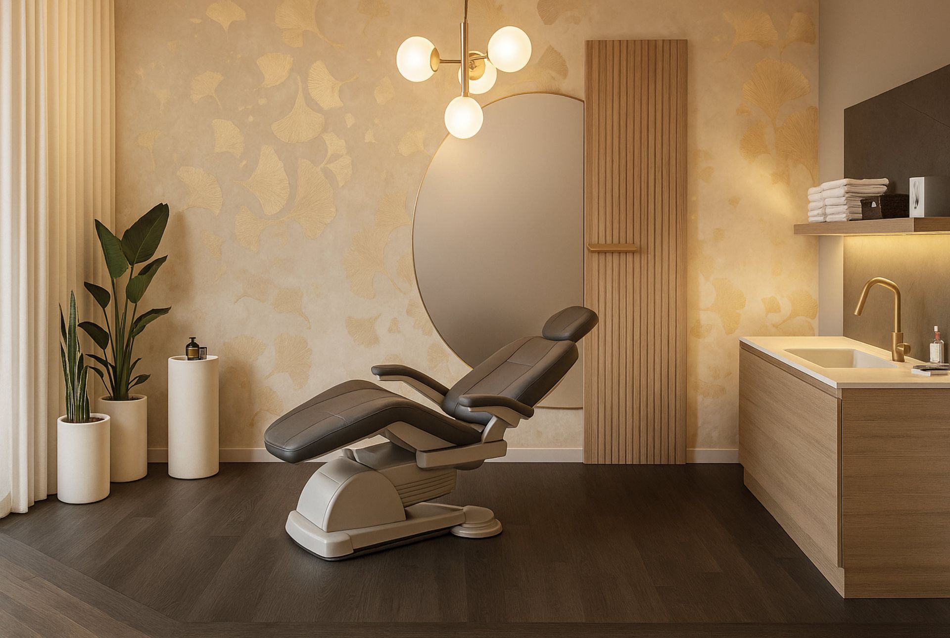 Behandlungsraum der Kosmetikerin: beige-goldene Einrichtung, dunkler Stuhl, Waschbecken, großer Spiegel und Pflanze.