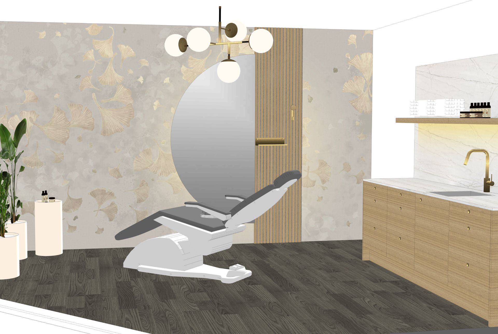 Interior Design für hochwertigen Behandlungsraum mit stimmungsvoller Designtapete mit Ginkoblättern in Gold, Akustikpaneele mit Holzleisten in Eiche, Möbel in Eiche