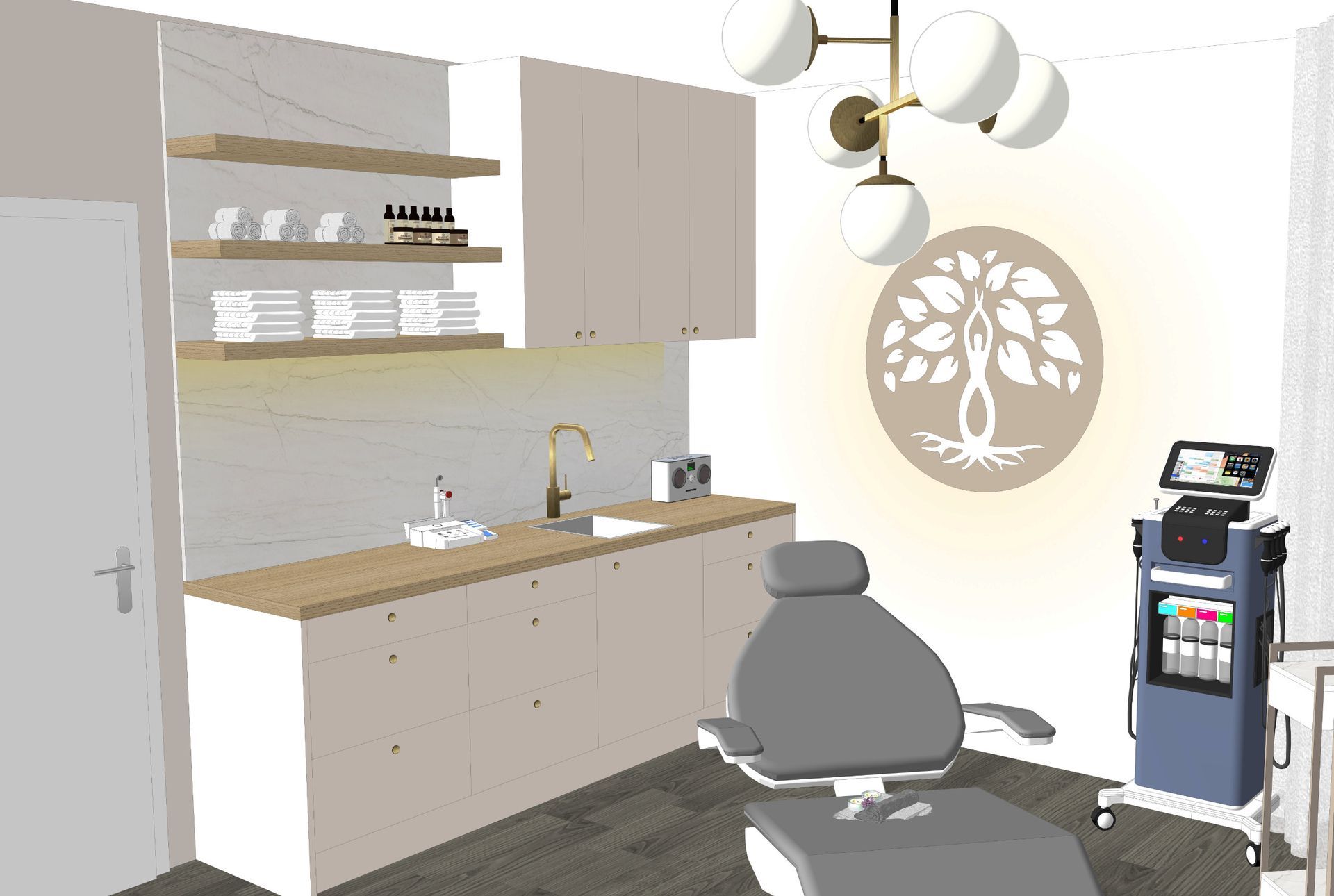 Visualisierung der Beauty Lounge mit zentraler Arbeitszeile und Interior-Konzept