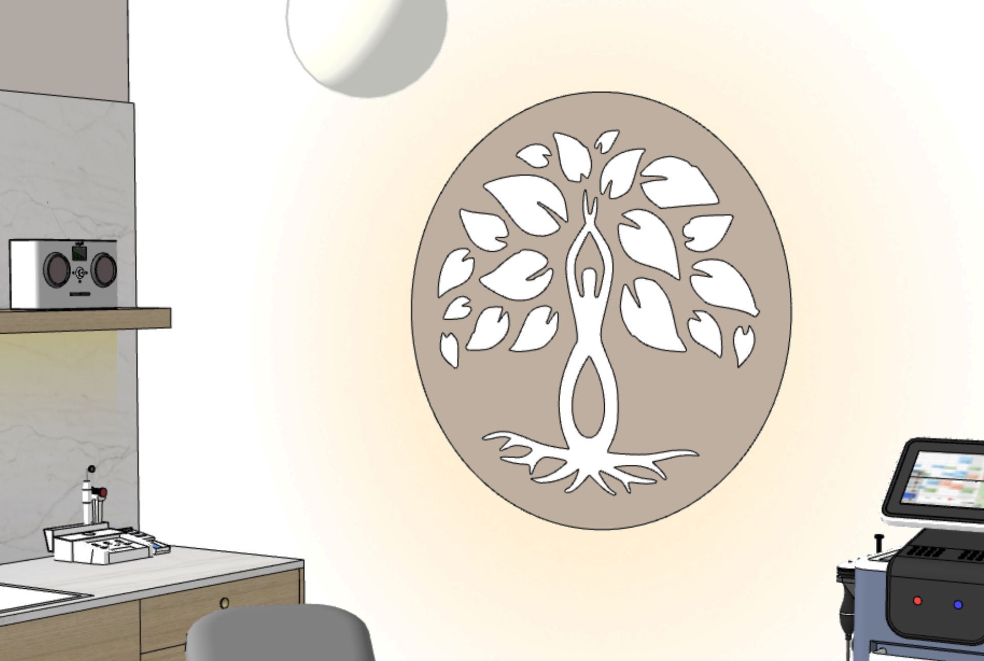 Eigens designte Wandleuchte als rundes Metallschild im Logo-Design von IRIS Kosmetik in Beige