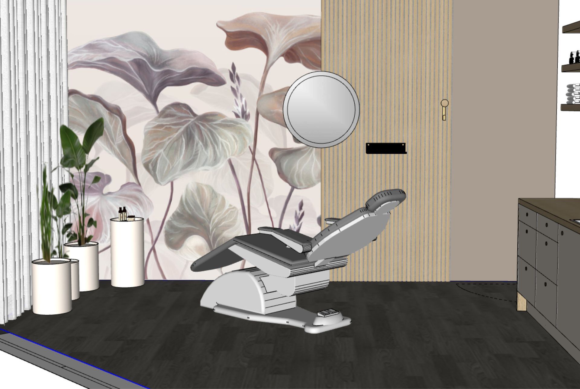 3D Visualisierung für Kosmetikraum mit floraler Designtapete, Akustikpaneelen in Holz und Behandlungsstuhl - ruhige Spa-Atmosphäre