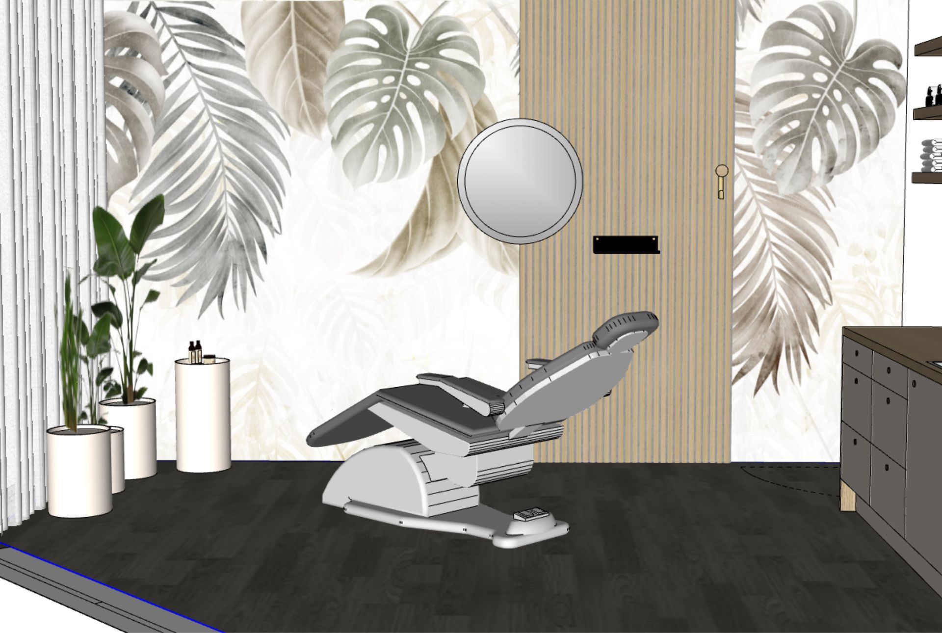 3D Visualisierung für Beauty Lounge mit Designtapete mit grünen Blättern, Akustikpaneelen in Holz und Behandlungsstuhl - ruhige Spa-Atmosphäre
