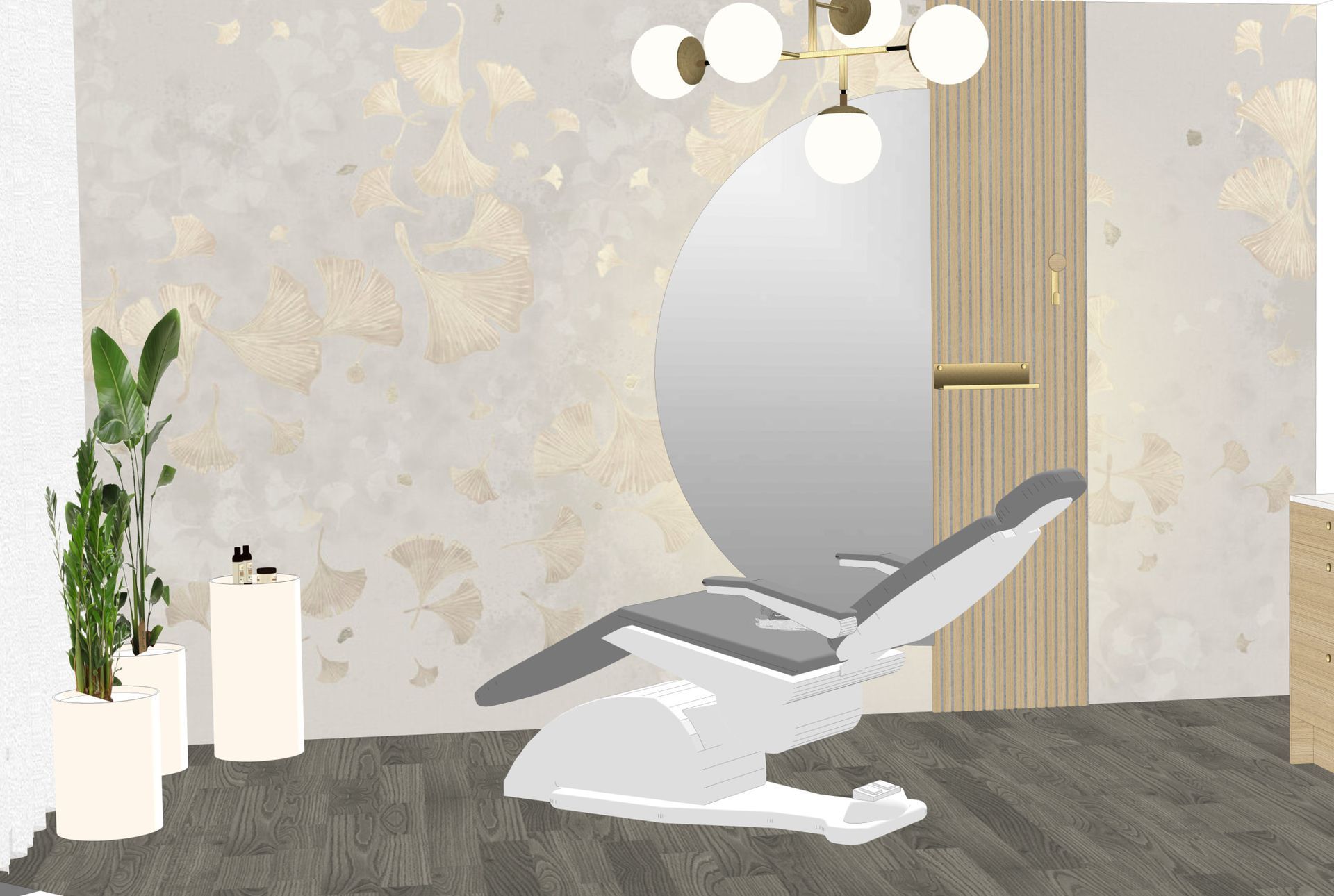 Interior Design für hochwertigen Behandlungsraum mit stimmungsvoller Designtapete mit Ginkoblättern in Gold, Akustikpaneele mit Holzleisten in Eiche, Möbel in Eiche