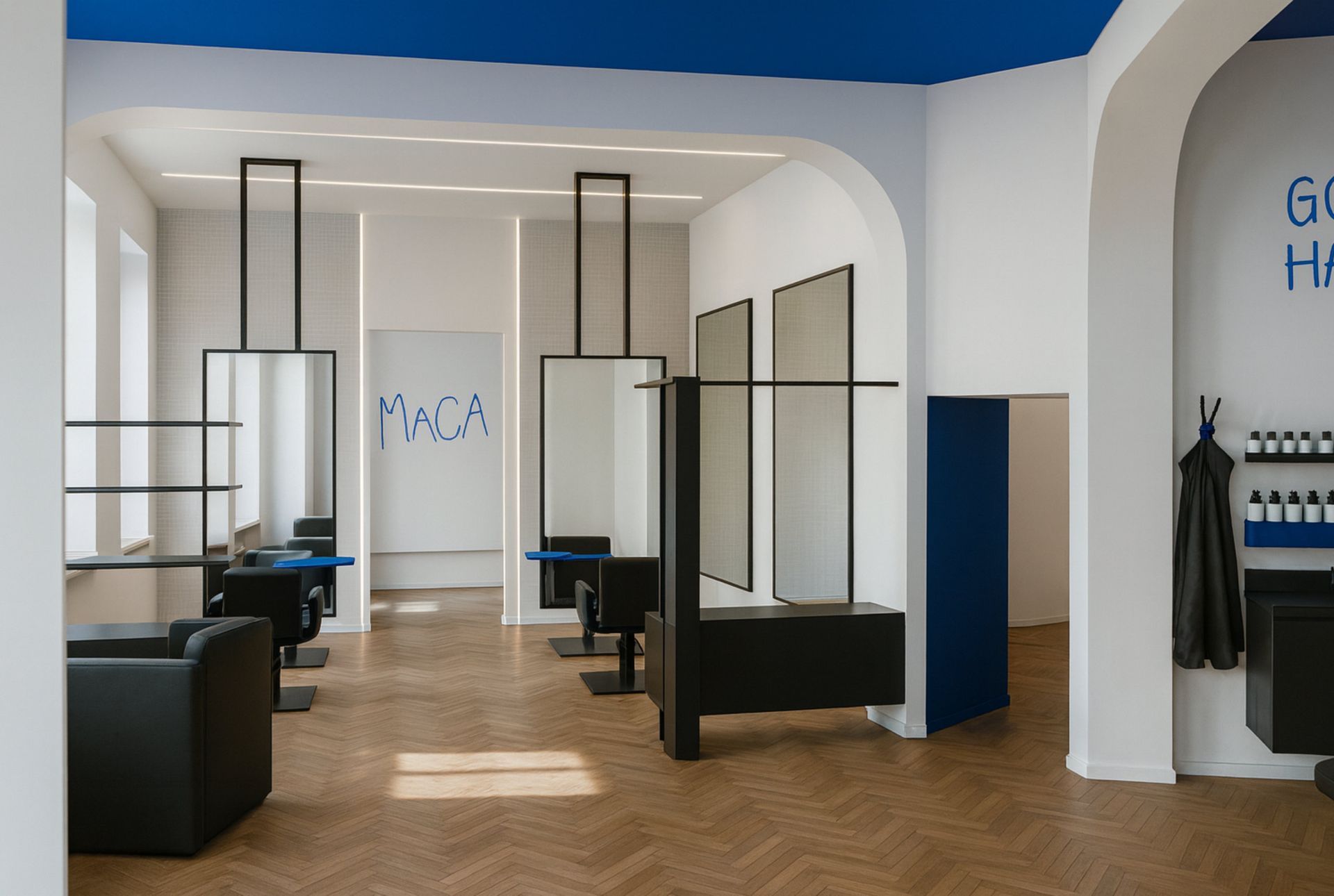 Rendering eines Unisex Saloninterieurs mit International Blue, schwarzen Spiegelstationen und Arbeitsplätzen für Stylisten in Wien Mariahilf.