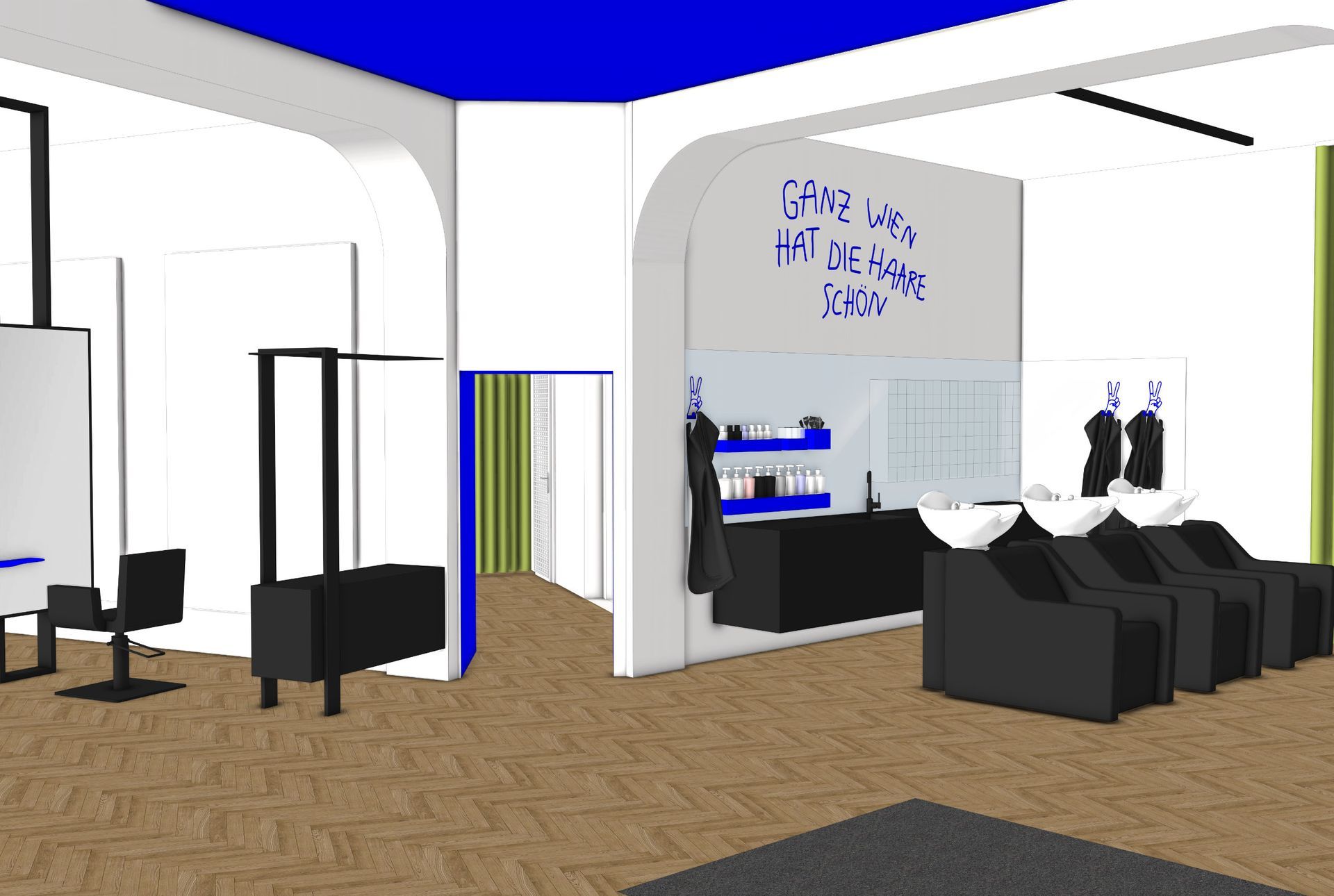 Interieur-Designkonzept eines Friseursalons mit schwarzen Stühlen, Waschbecken und Produkten. Blaue, weiße und holzfarbene Töne.