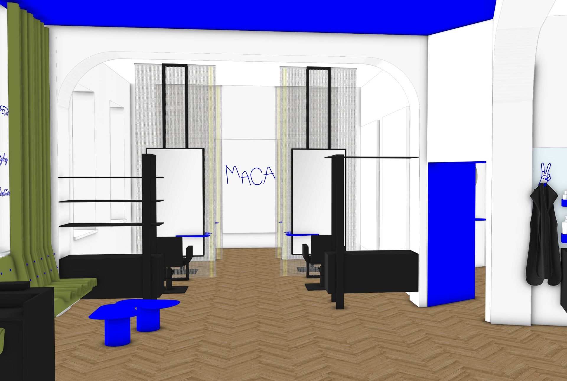Visualisierung eines großzügigen Unisex-Hairsalon mit minimalistischen Spiegelstationen, markantem Farbkonzept in blau-weiß und modernem Interior Design in Wien, schwarze moderne Möbel und Fischgrätparkett.