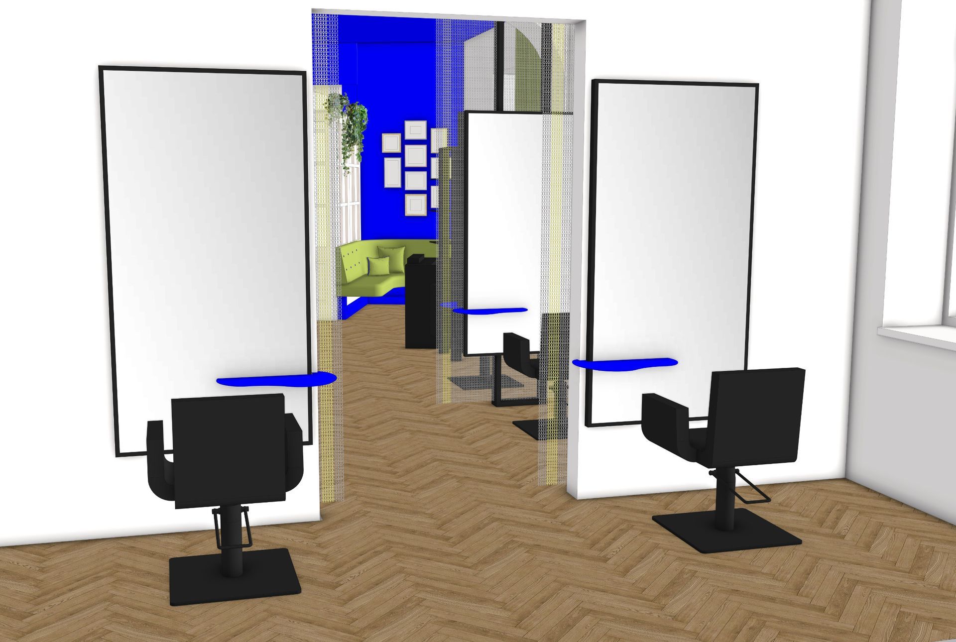 Interieur eines Friseursalons mit Spiegeln, Stühlen und Holzboden. Blaue Akzente und ein einsehbarer Warterraum mit blauer Wandfarbe und grüner Sitzbank.