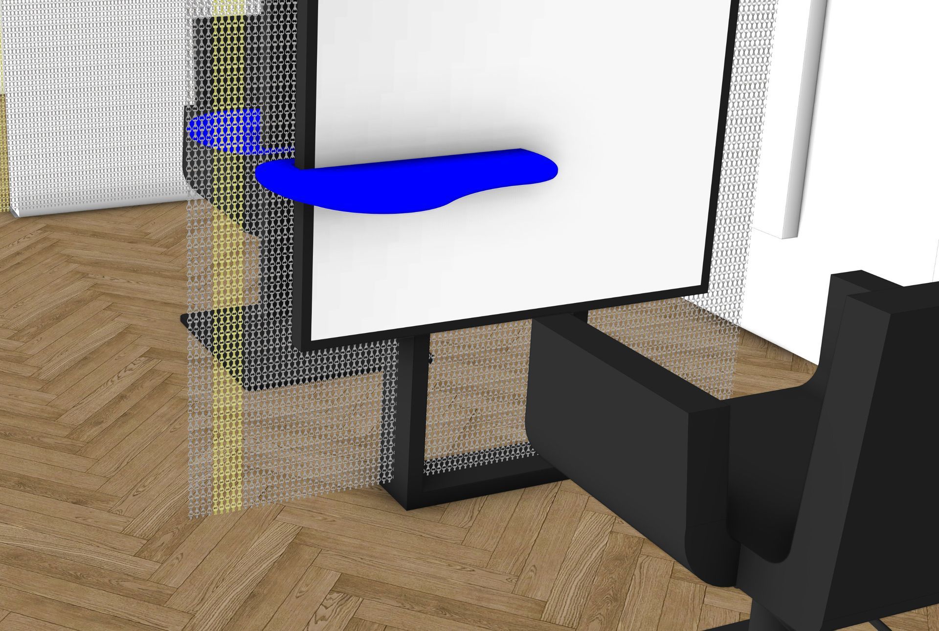 Detailansicht der 3D Visualisierung eines organisch geformten Kaffee-Tisches am Stylingspiegel, in der Farbe International Blue und metallischem Kriska Kettenvorhang dahinter