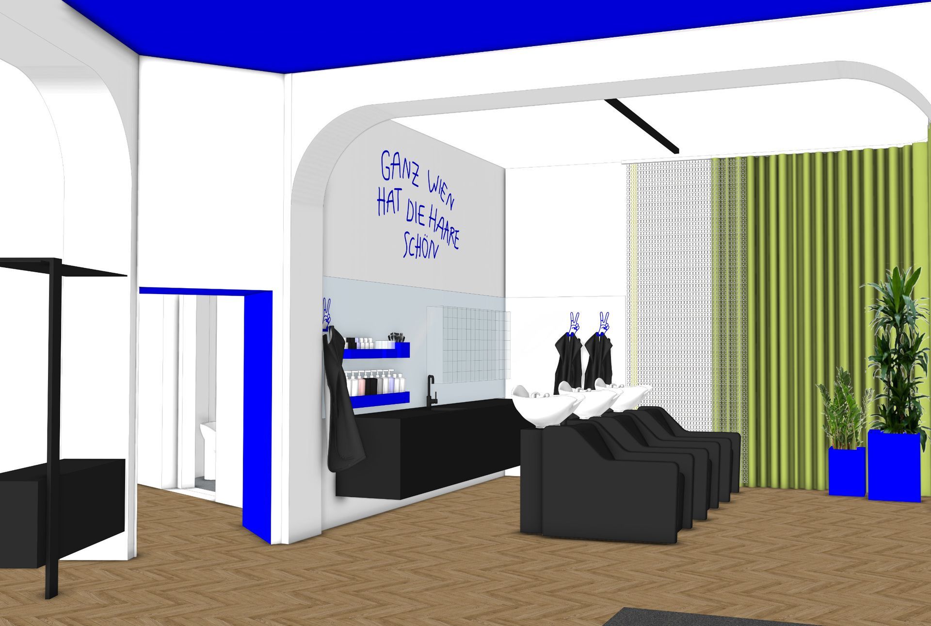 3D-Konzept von einem offenen Saloninterieur mit Waschplätzen und Möbel in schwarz, mit blauen Akzenten,grünem Vorhang  und einem gewölbten Türbogen, mit handgemaltem Motto in blau.