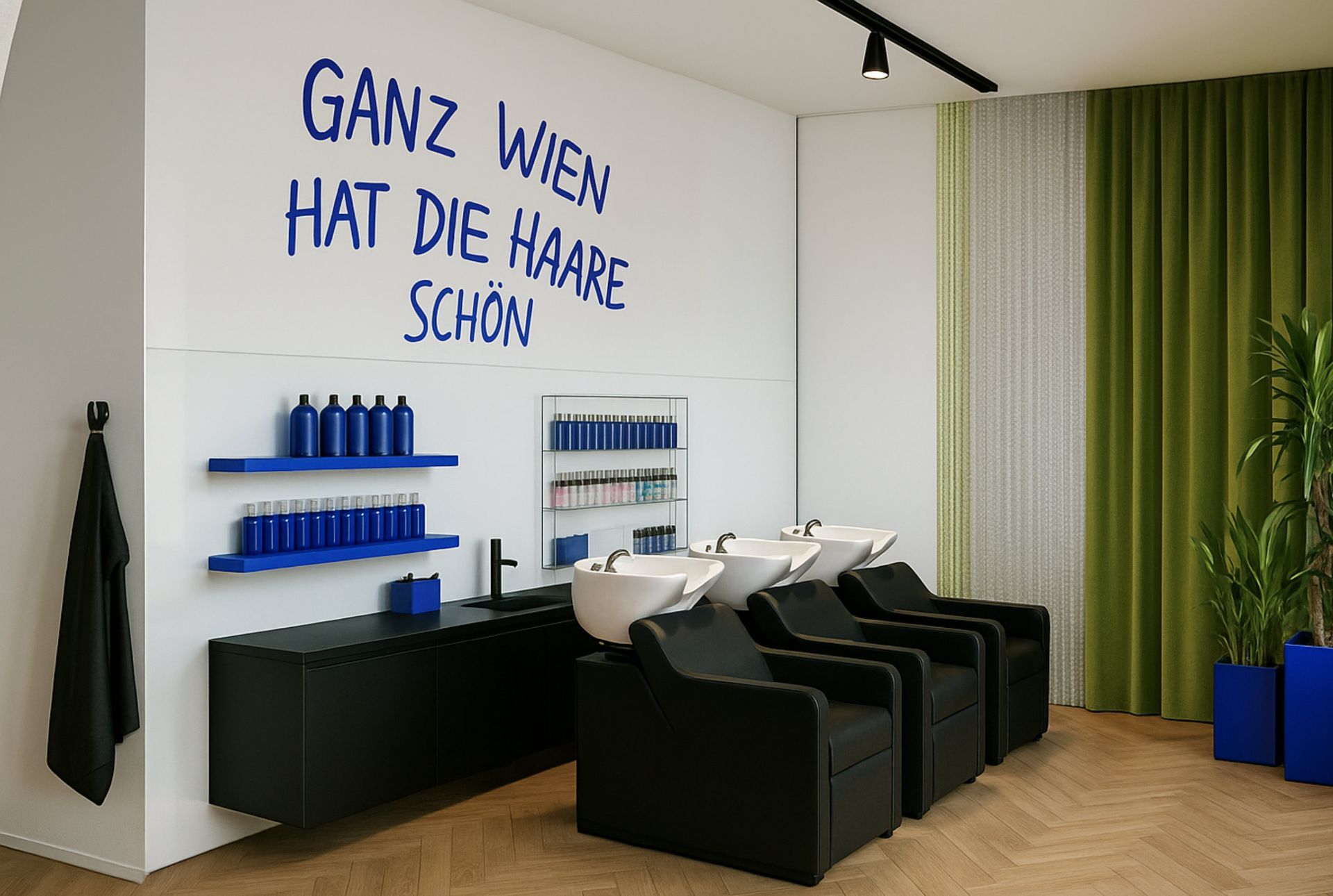 Rendering des Interieurs eines Friseursalons mit Waschplätzen und einer Wand mit handgemaltem blauem Text, auf dem „Ganz Wien Hat Die Haare Schön“ steht.