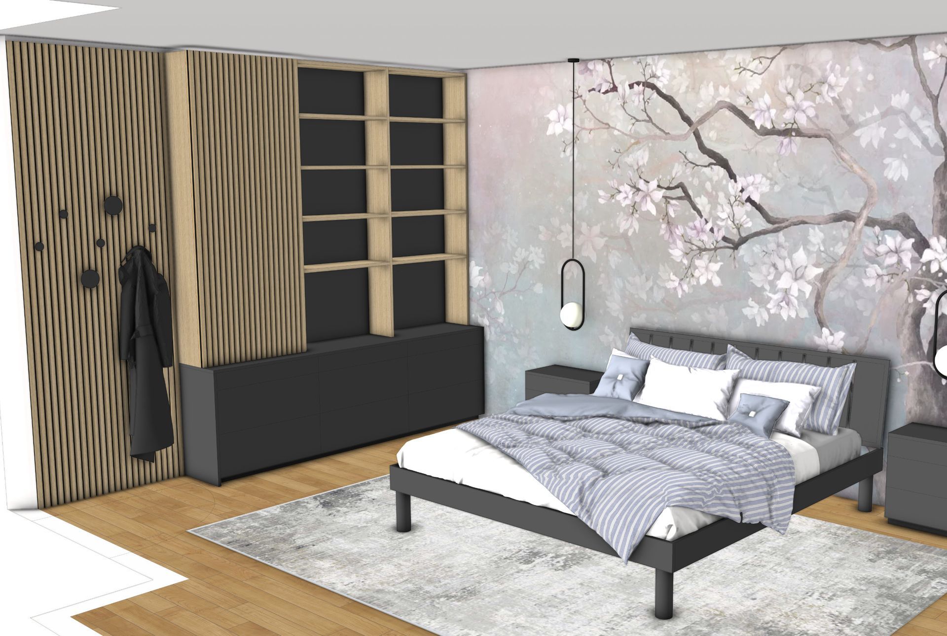 SketchUp 3D-Zeichnung eines modernen Schlafzimmerdesigns mit Lamellenmöbeln in Eiche, anthrazitfarbenen Fronten und floraler Designtapete