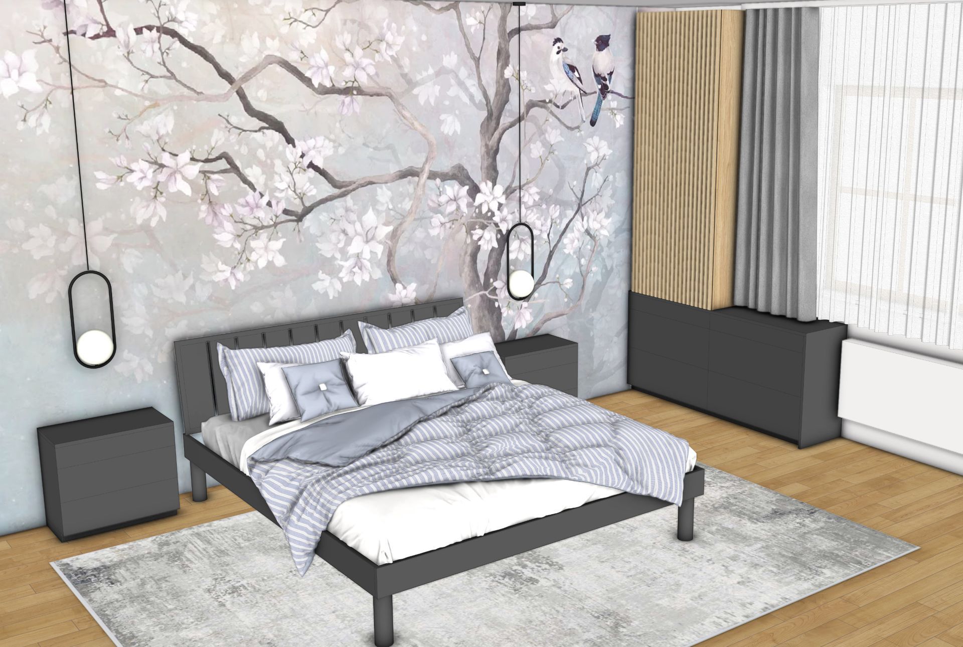 3D-Rendering eines Schlafzimmerdesigns mit Boutique-Hotel-Atmosphäre, Akustiklamellen und abgestimmter Wandgestaltung