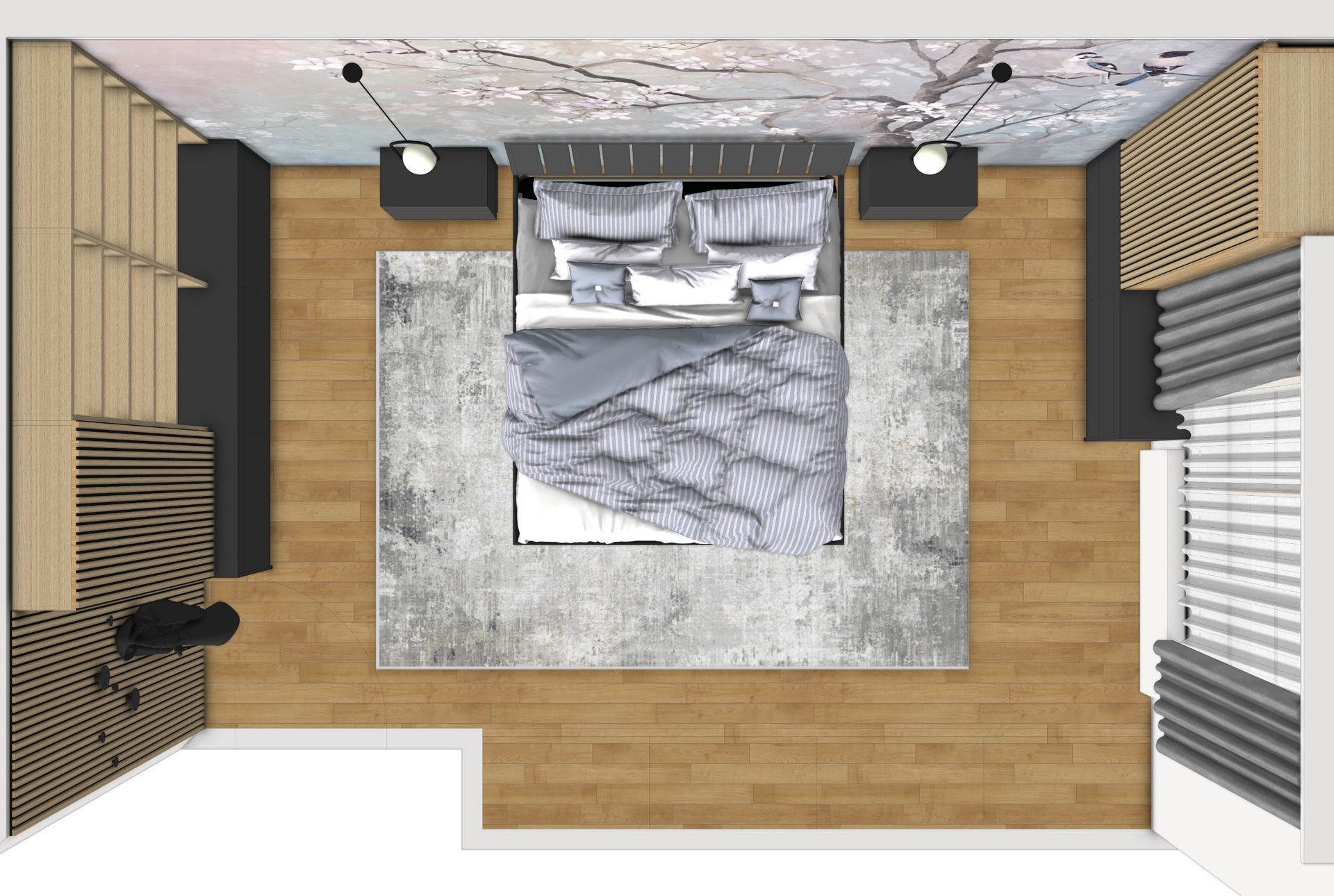 SketchUp Draufsicht eines modernen Schlafzimmerlayouts mit Teppichzone, Designbett und integrierten Möbeln in Anthrazit und Eiche