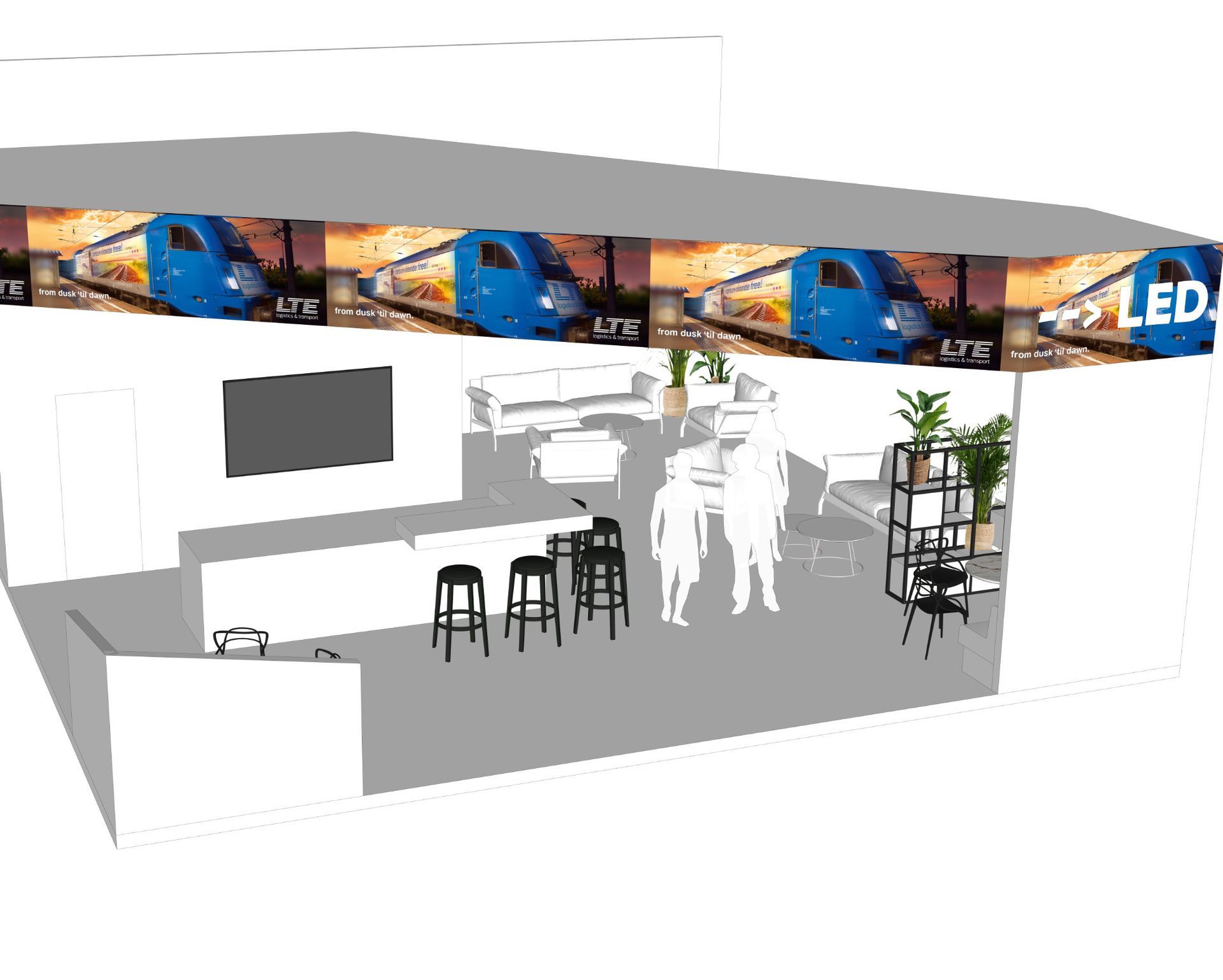 Messestand mit umlaufendem LED-Deckensegel, Loungebereich und integrierter Besucherführung