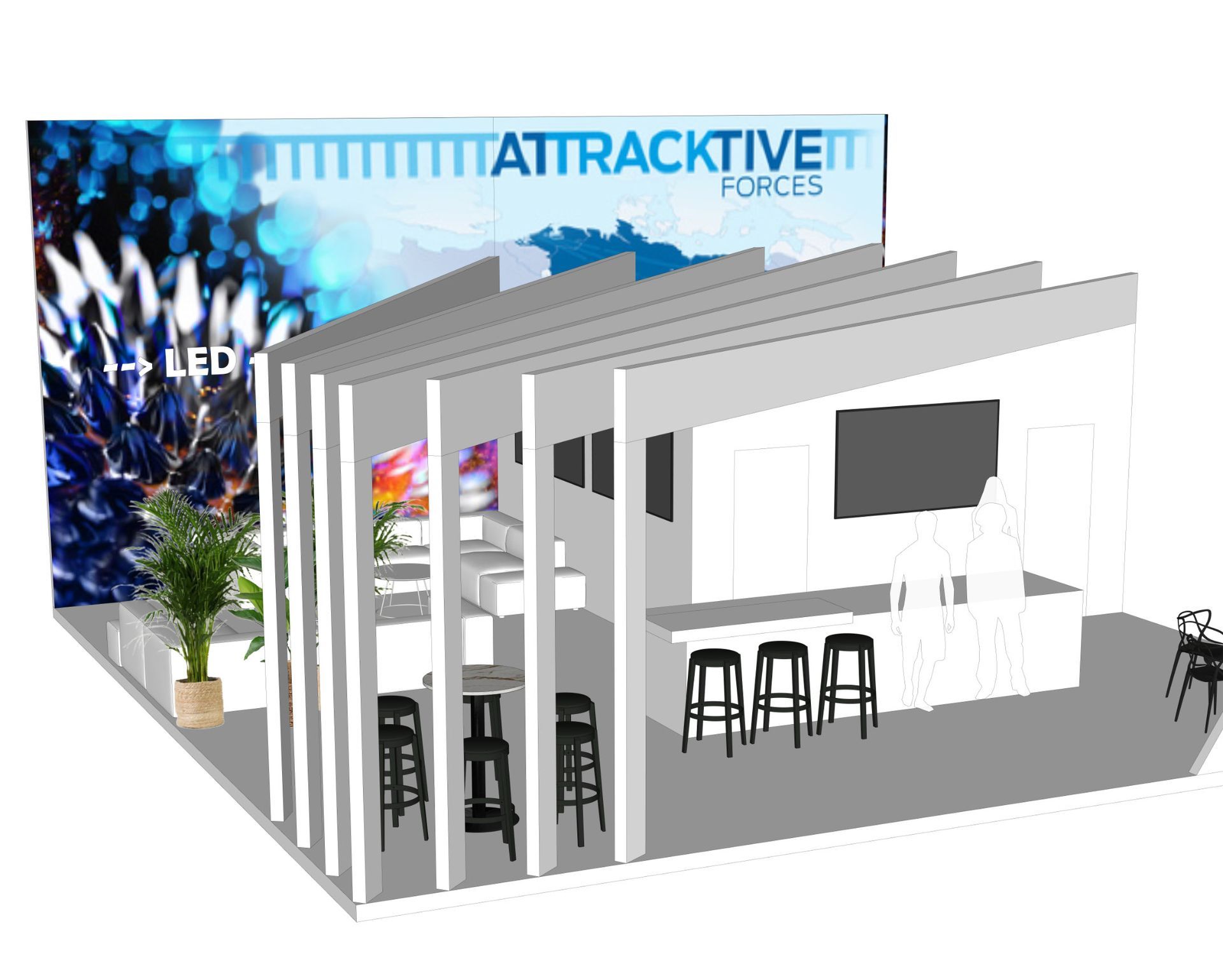 Messestand-Konzept mit markanten Lamellen, LED-Rückwand und zentralem Barbereich für die Transport Logistic München