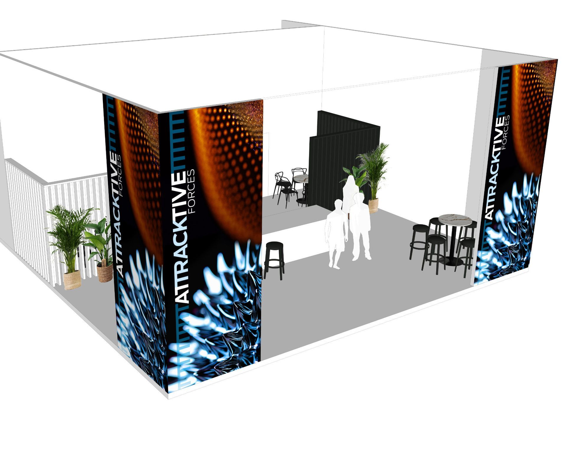 Messestand mit großformatigen LED-Säulen, offenen Besprechungsbereichen und Besucherführung über markante Eckelemente