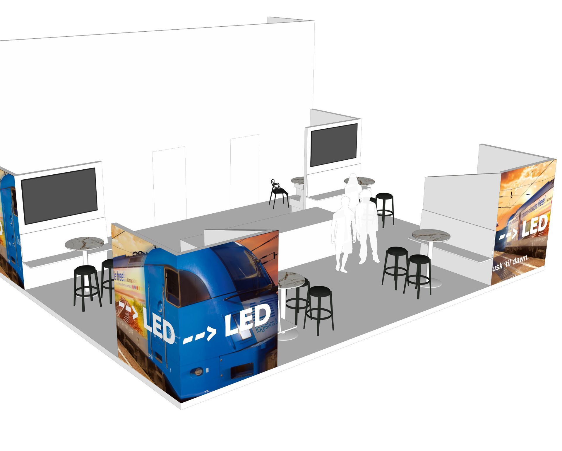 Offener Messestand mit zentraler Bar, LED-Flächen und Besprechungszonen für Bestandskunden