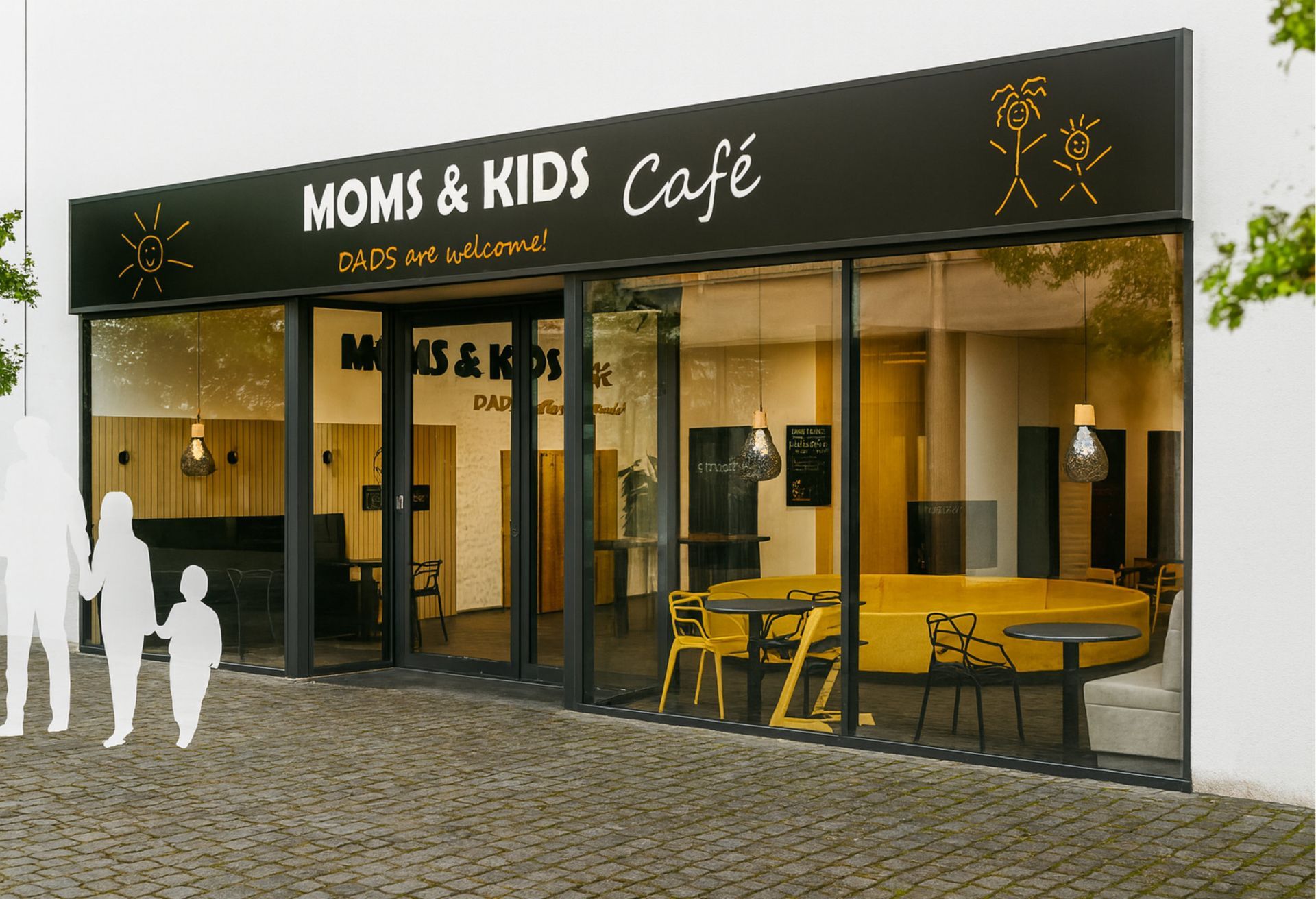 Modernes Café Design für Familien mit Kinderbereich, gelben Sitzmöbeln und großzügiger Glasfassade