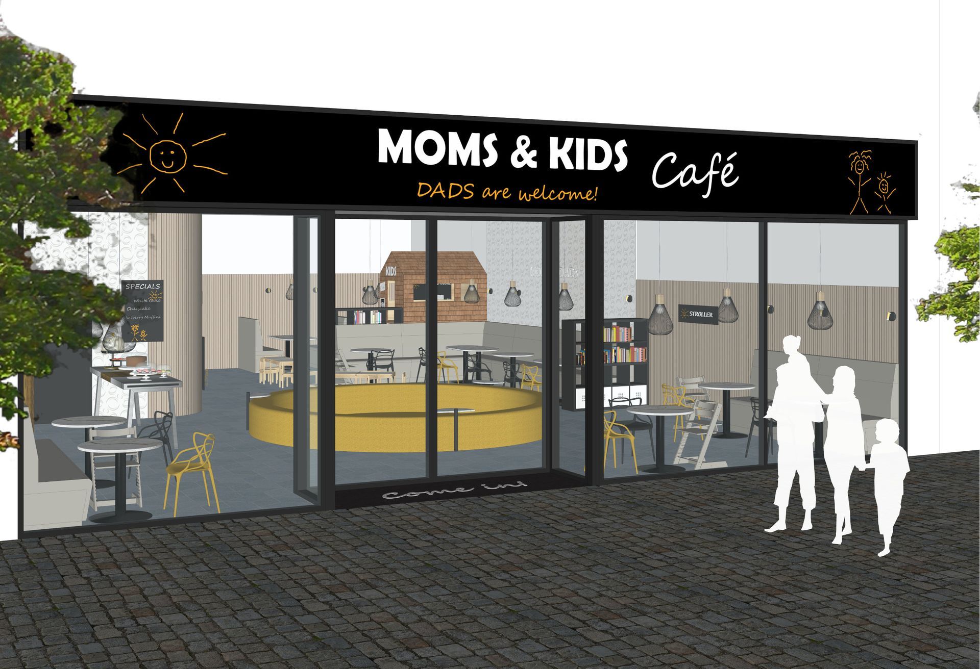 Außenansicht des modernen Familiencafés Moms & Kids mit schwarzer Fassadengestaltung, großen Glasflächen und gemütlichem Innenraumkonzept