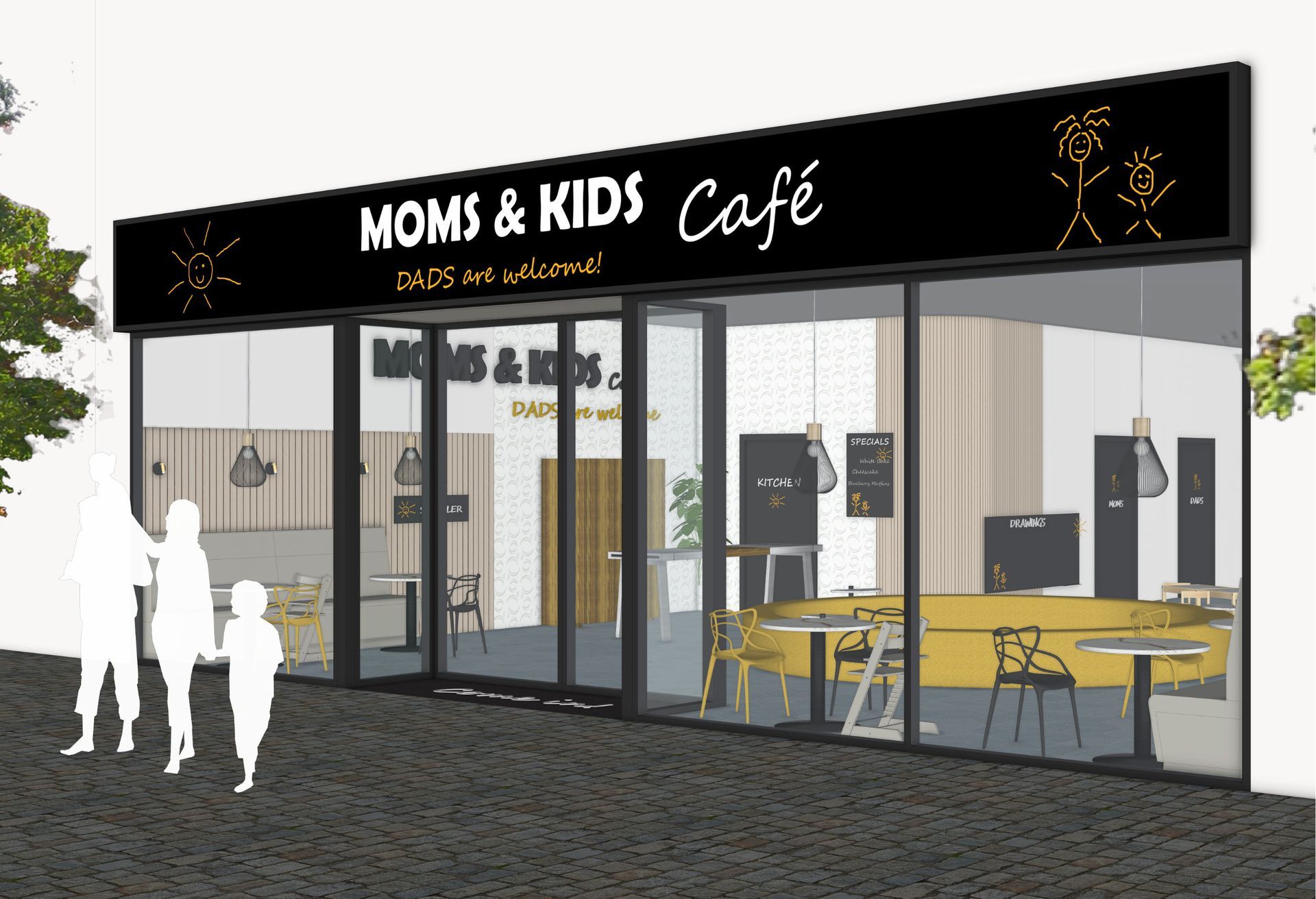 Eingangsbereich des Eltern-Kind-Cafés mit großzügiger Verglasung, Sitzbereichen und zentraler Spielinsel im modernen Gastrodesign