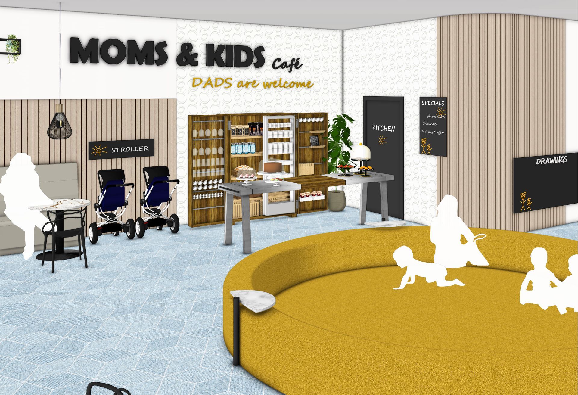 3D-Visualisierung: Café-Innenraum mit zentraler Familienlounge, Präsentationsbereich und gemütlicher Atmosphäre für Eltern und Kinder
