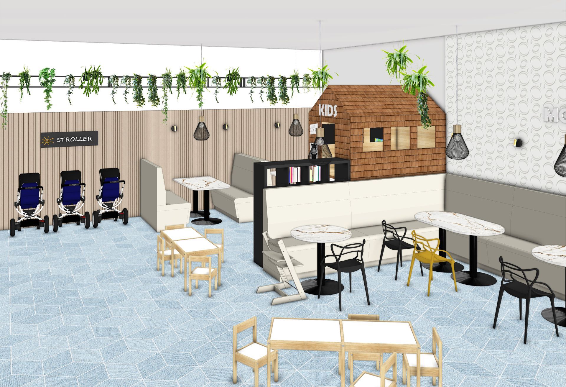Modernes Cafédesign mit heller Holzgestaltung, robusten Materialien, Spielbereich und offener Gastroplanung für Familien