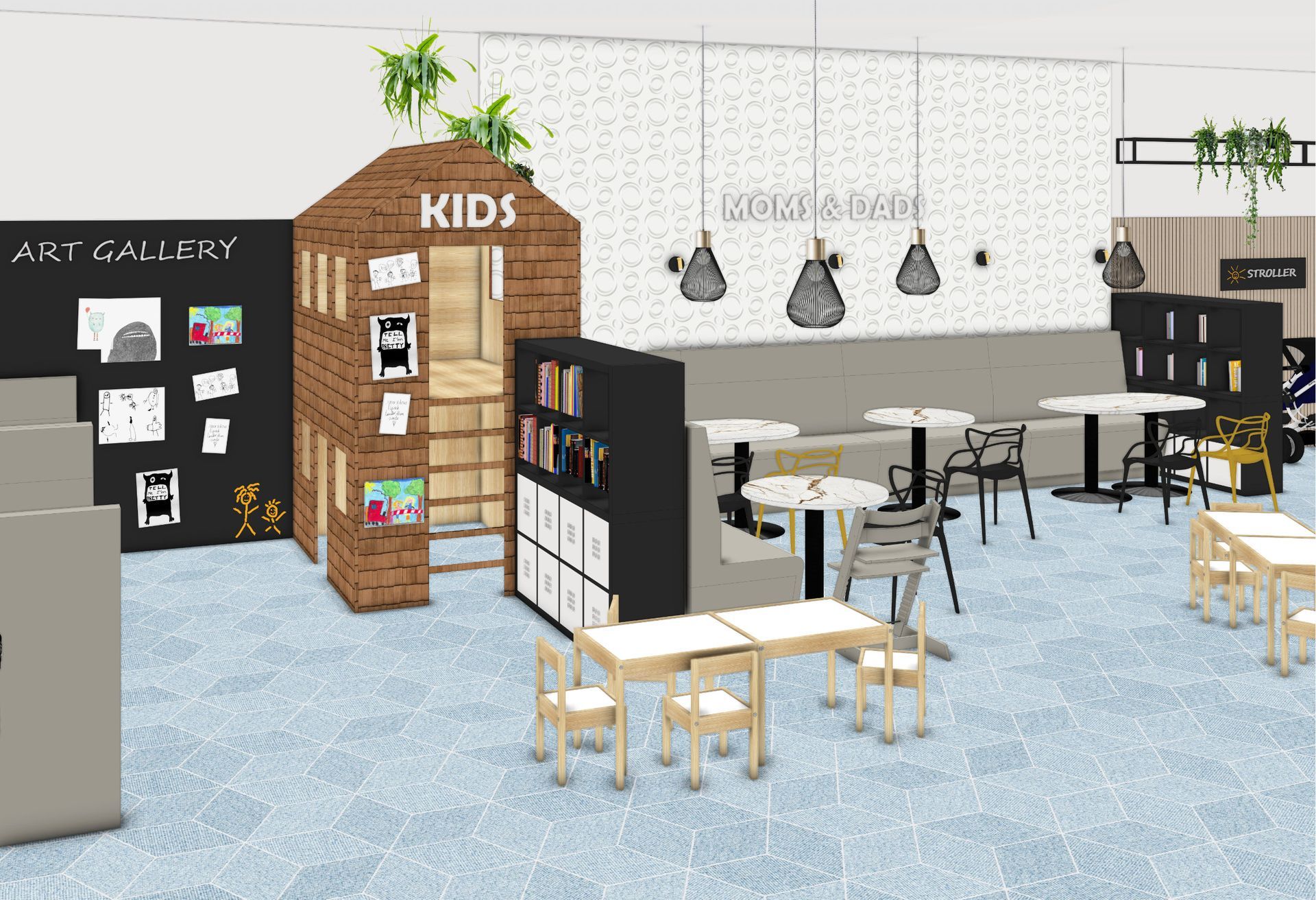 Entwurf eines Kinderfreundlichen Cafés mit Spielhaus, Kunstgalerie und kleinen Tischen/Stühlen. Neutrale Farbpalette, hellblauer Teppich.