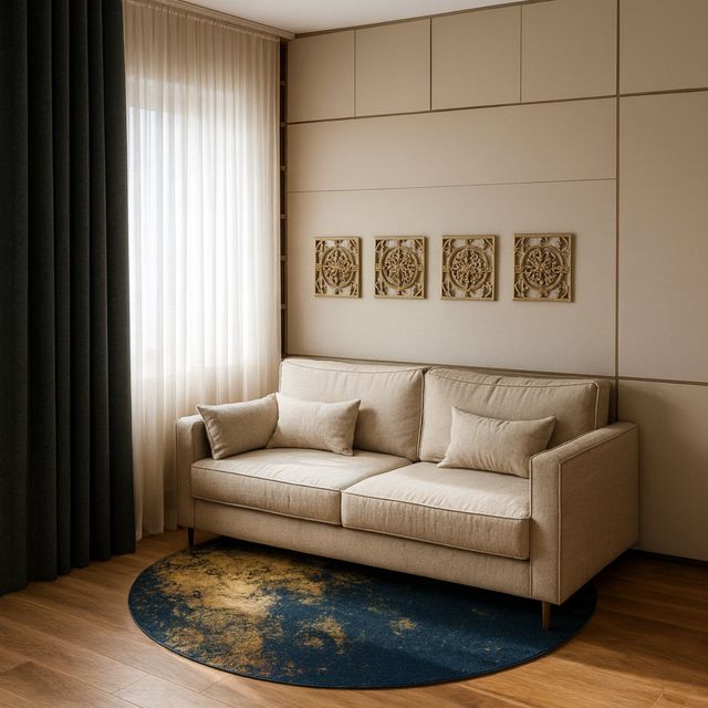 Beiges Sofa in einem Zimmer mit einem runden blauen Teppich, vier Wandbildern und einem Fenster mit dunklem Vorhang.