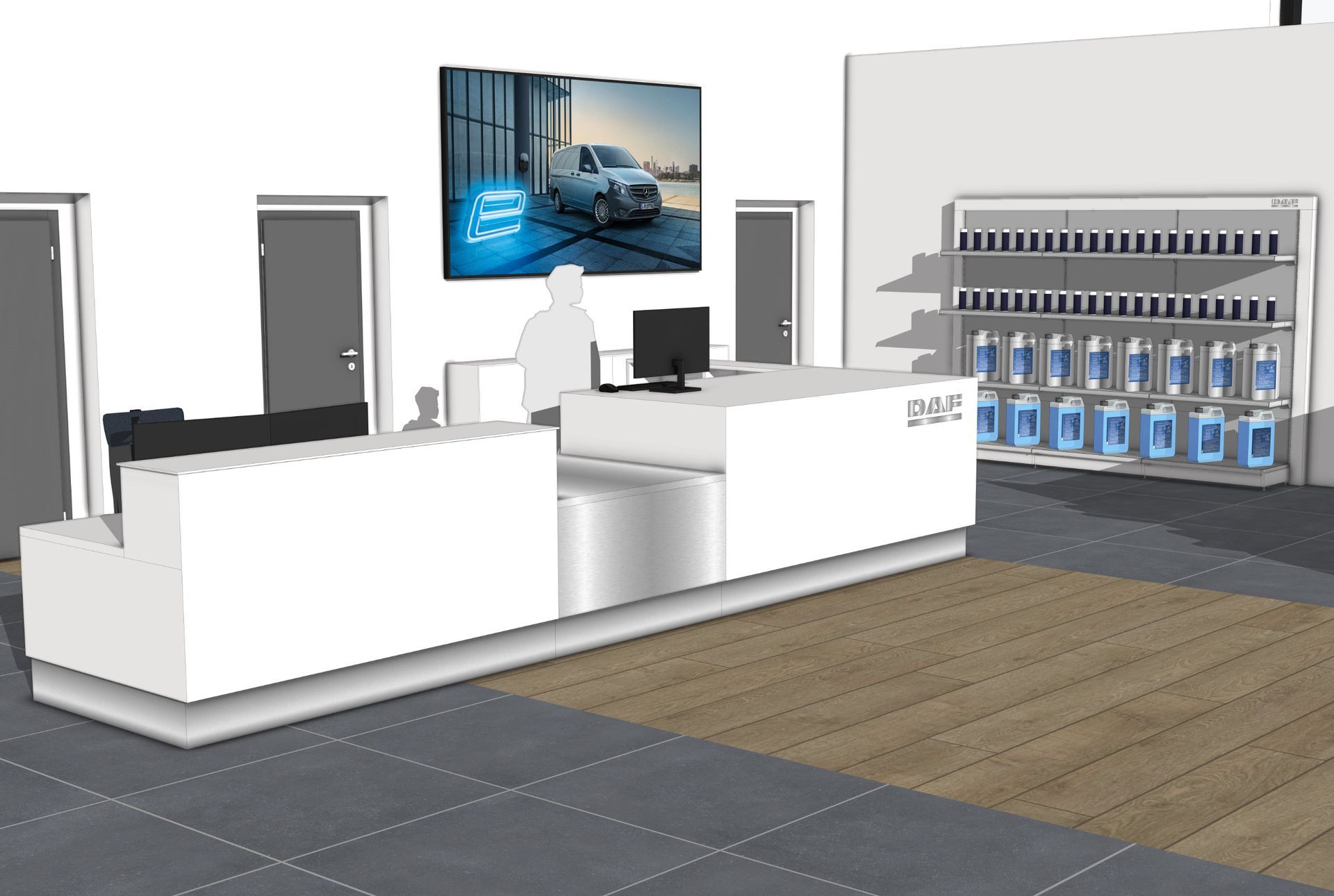 Ladenbau Autohaus – individuell geplante Empfangs- und Verkaufstheke für den Fahrzeughandel mit hochwertiger Materialkombination aus Weiß und Edelstahl