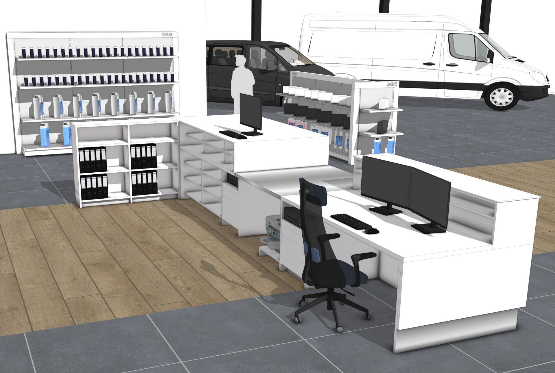Arbeitsplatz und Zubehörverkauf im Autohaus – durchdachte Möbelplanung mit Abholfächern, Präsentationsregalen und ergonomischem Verkaufsbereich
