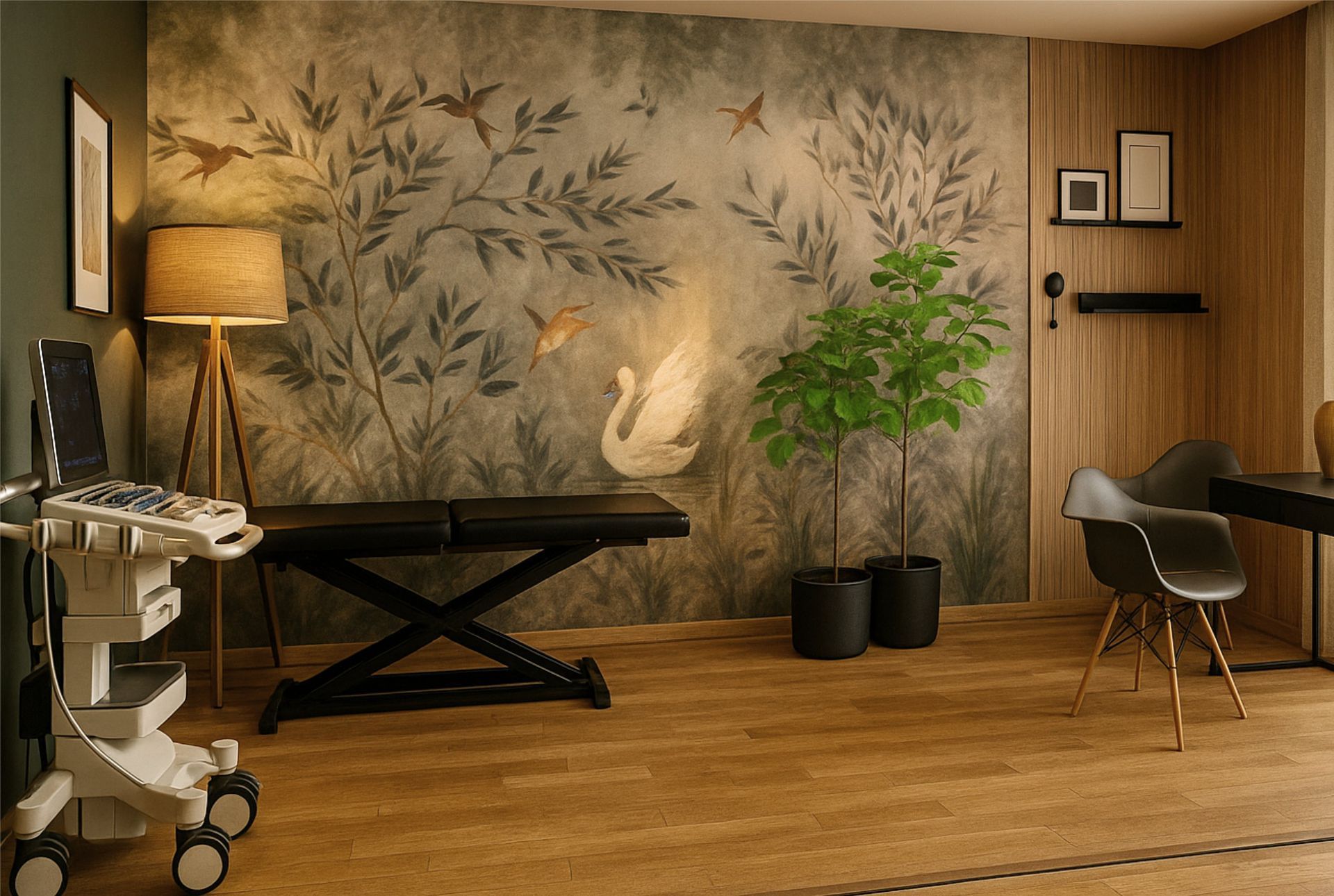 Fotorealistisches Rendering einer Physiotherapie-Praxis mit Naturtapete, schwarzer Behandlungsliege, warmem Holzboden und wohnlicher Atmosphäre
