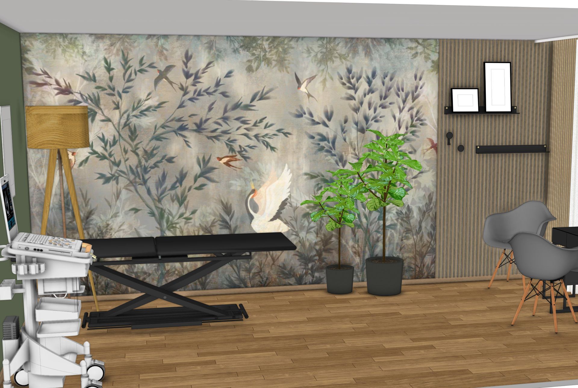 3D Visualisierung der Praxisgestaltung mit floraler Wandtapete, Eichenholz, dunklen Möbeln und stilvoller Beleuchtung für Physiotherapie-Praxis