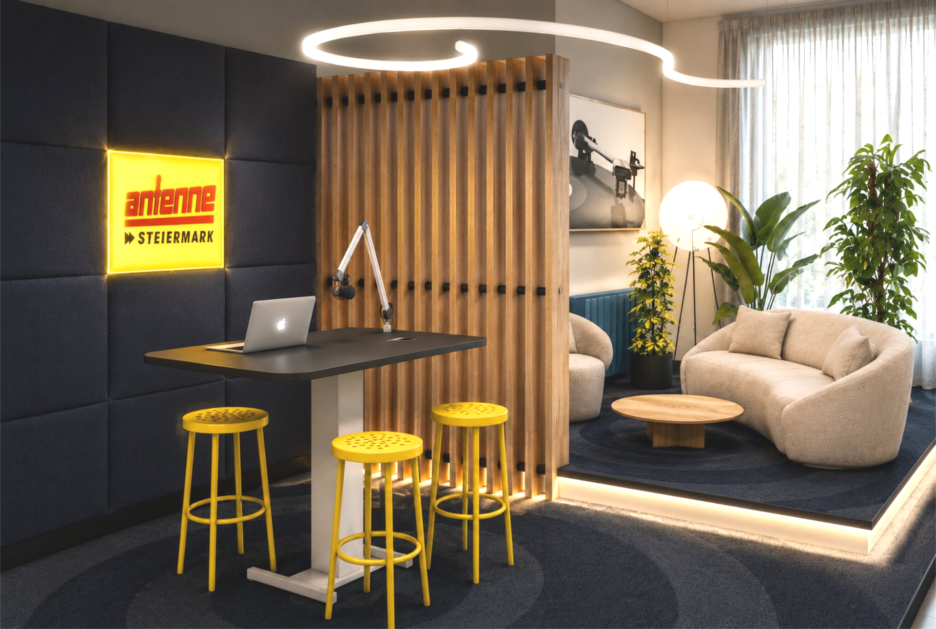 Moderne Bürolounge mit Sitzgelegenheiten, einem Stehtisch mit gelben Hockern und Kunstwerken.