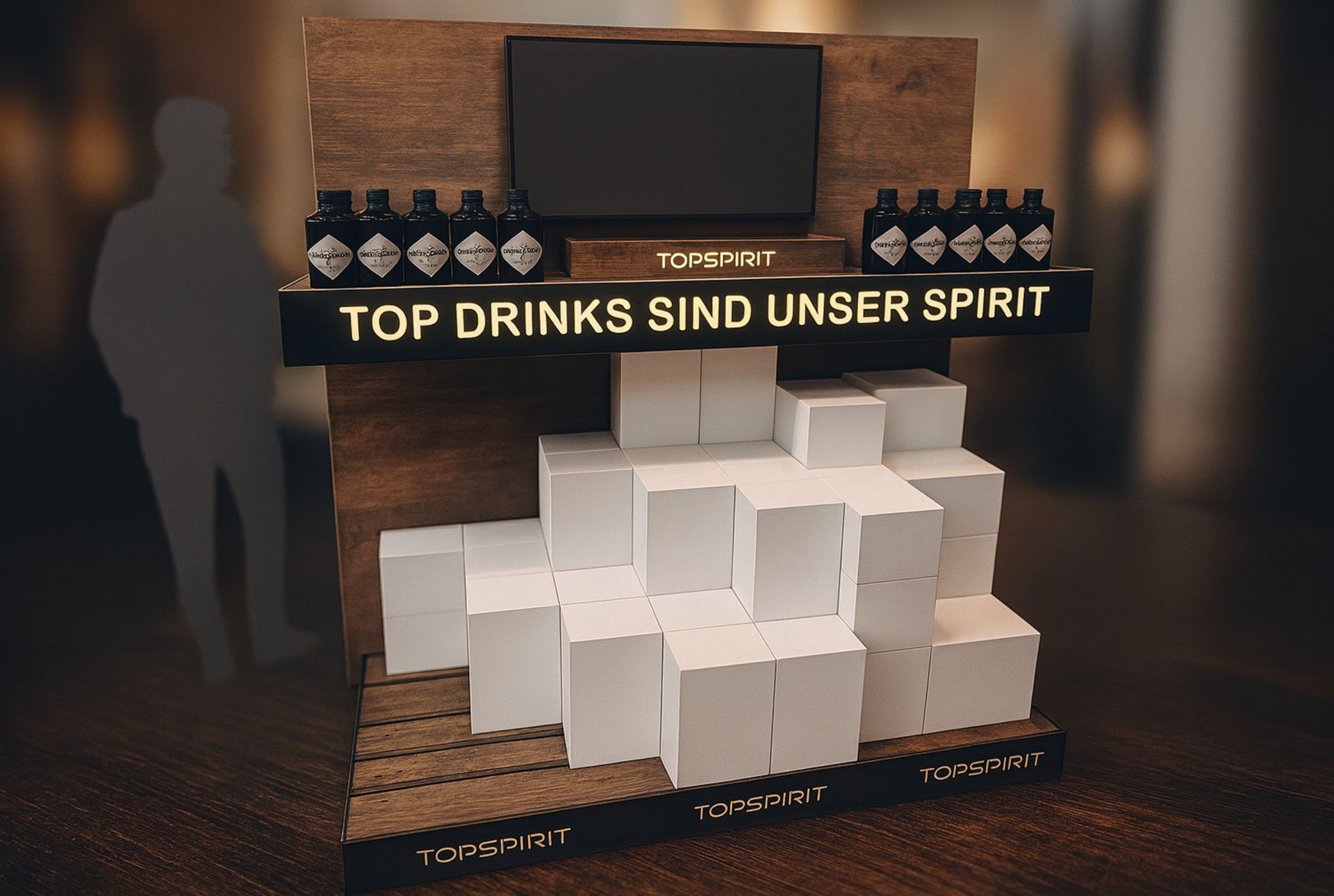 Präsentationsständer mit Gin-Flaschen und gestapelten weißen Blöcken. Auf dem Schild steht: „Top Drinks Sind Unser Spirit“.
