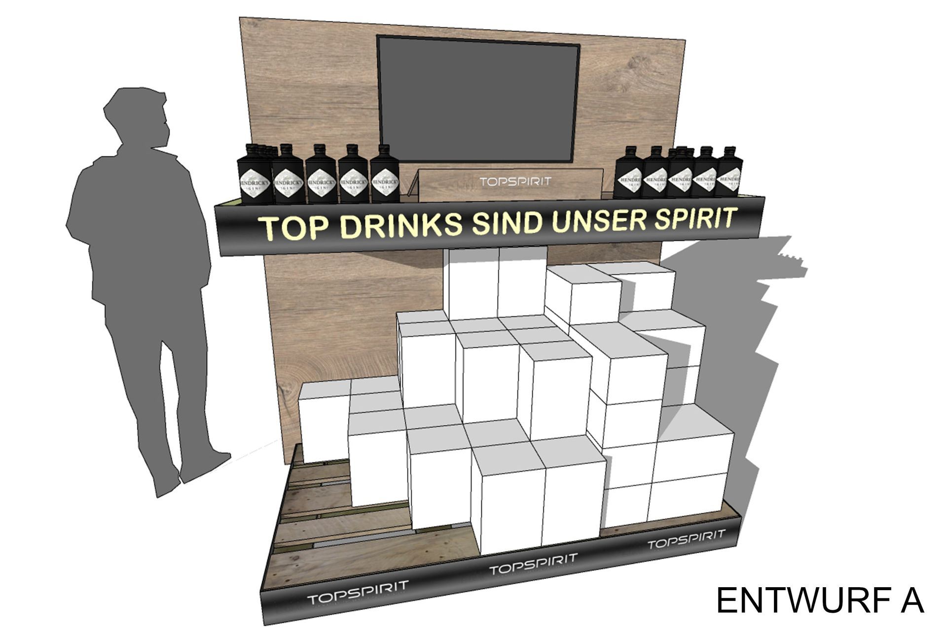 Entwurf für Schlumberger Gondelkopf Präsentation für Metro Filialen – Shopdesign Konzept mit Screen, Holzoptik und Spirituosenpräsentation