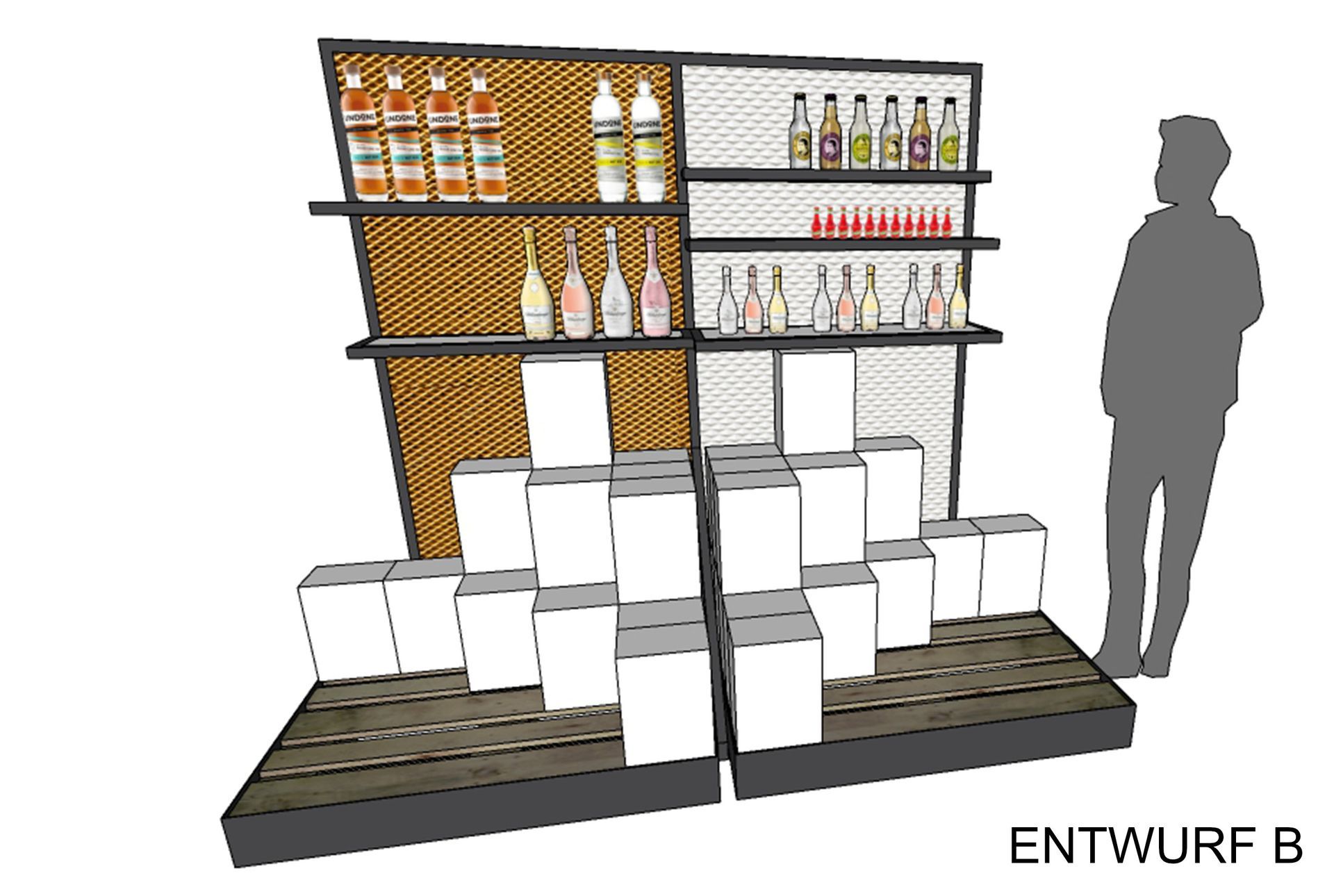Retail Design Entwurf für Schlumberger Spirituosen – hochwertige Verkaufsfläche mit Regalwand und Produktpräsentation am Point of Sale
